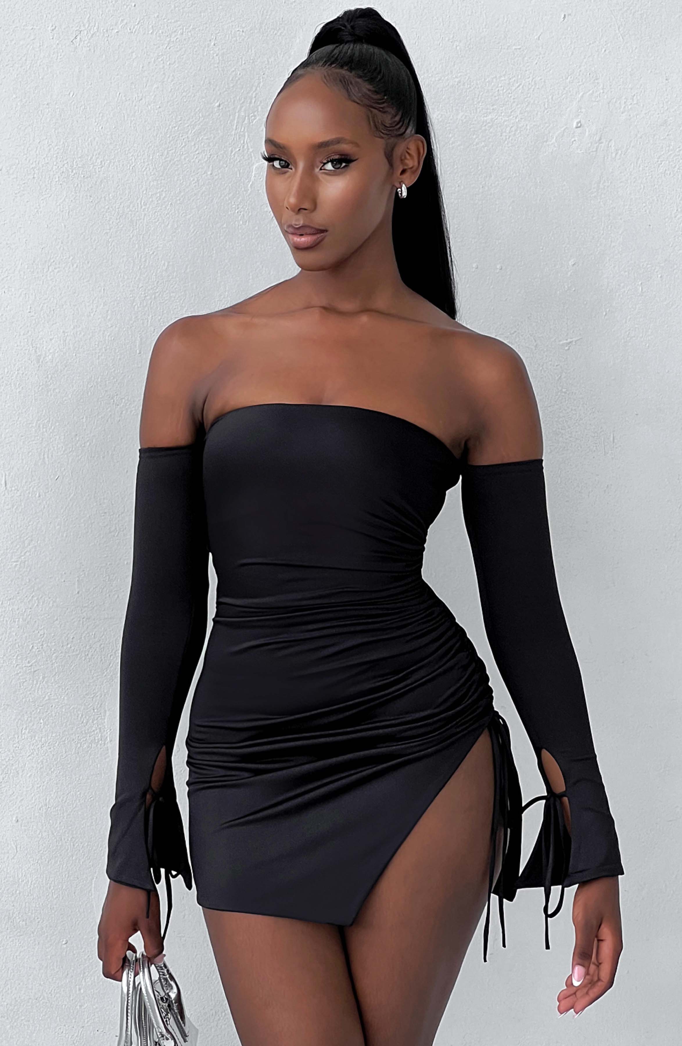 Becca Off Shoulder Mini Dress - Black Ruched Jersey