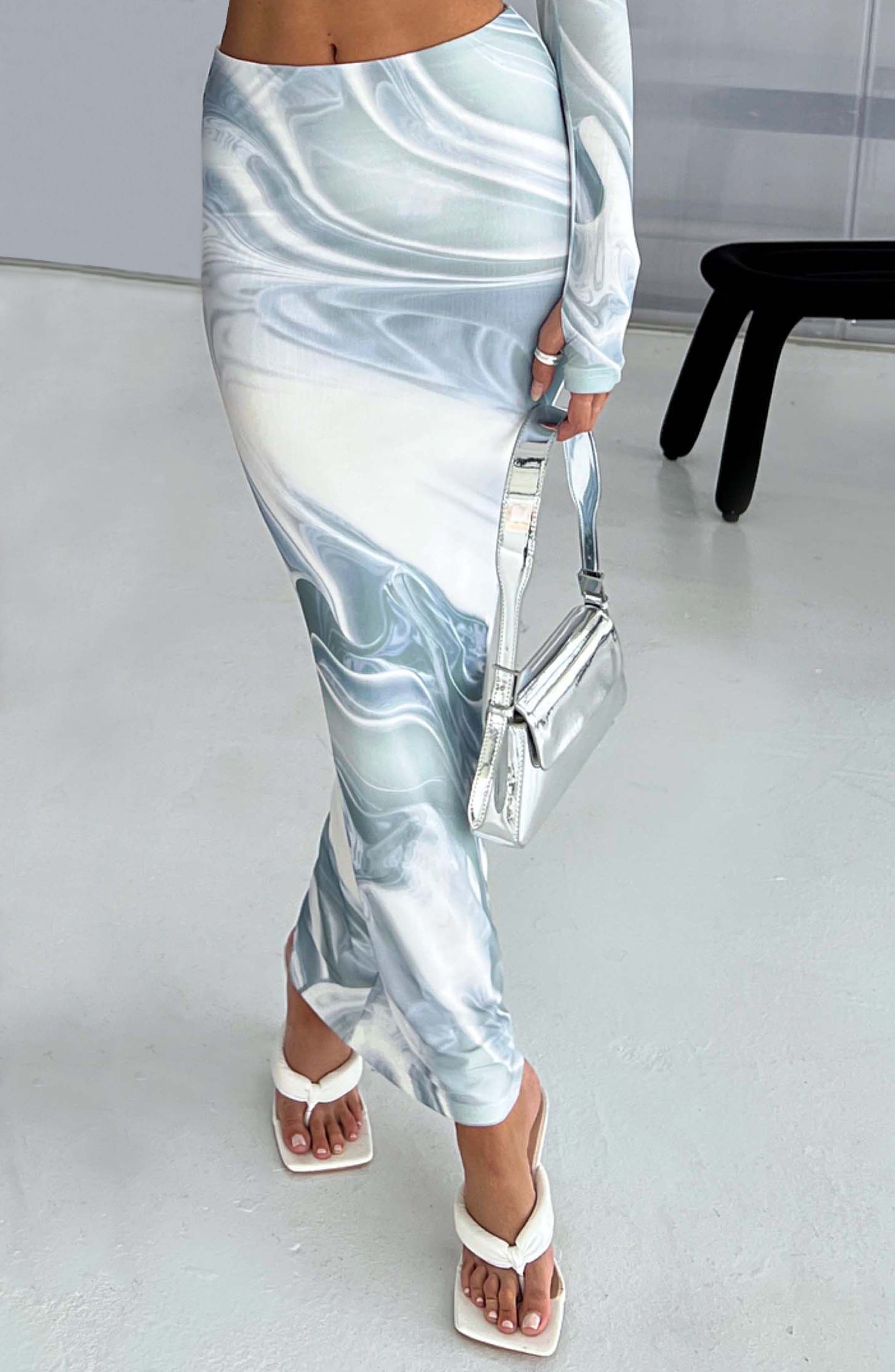 Blair Grey Haze Print Maxi Skirt - Low Rise Stretch Mesh