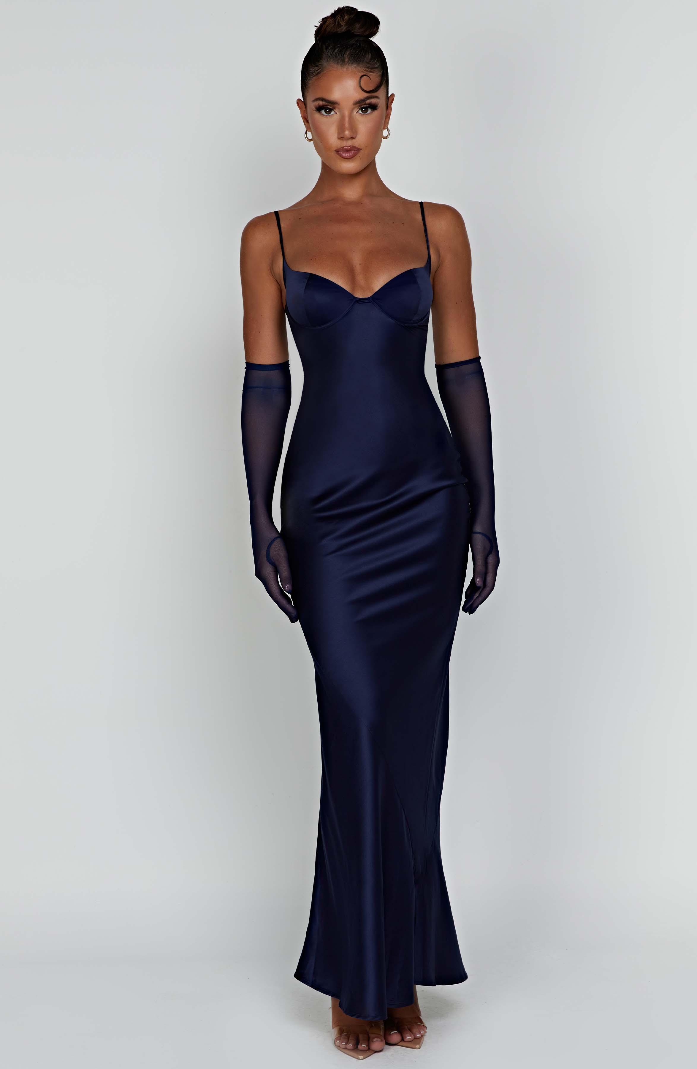 Athena Navy Satin Maxi Dress with Thin Straps & Zipper Back