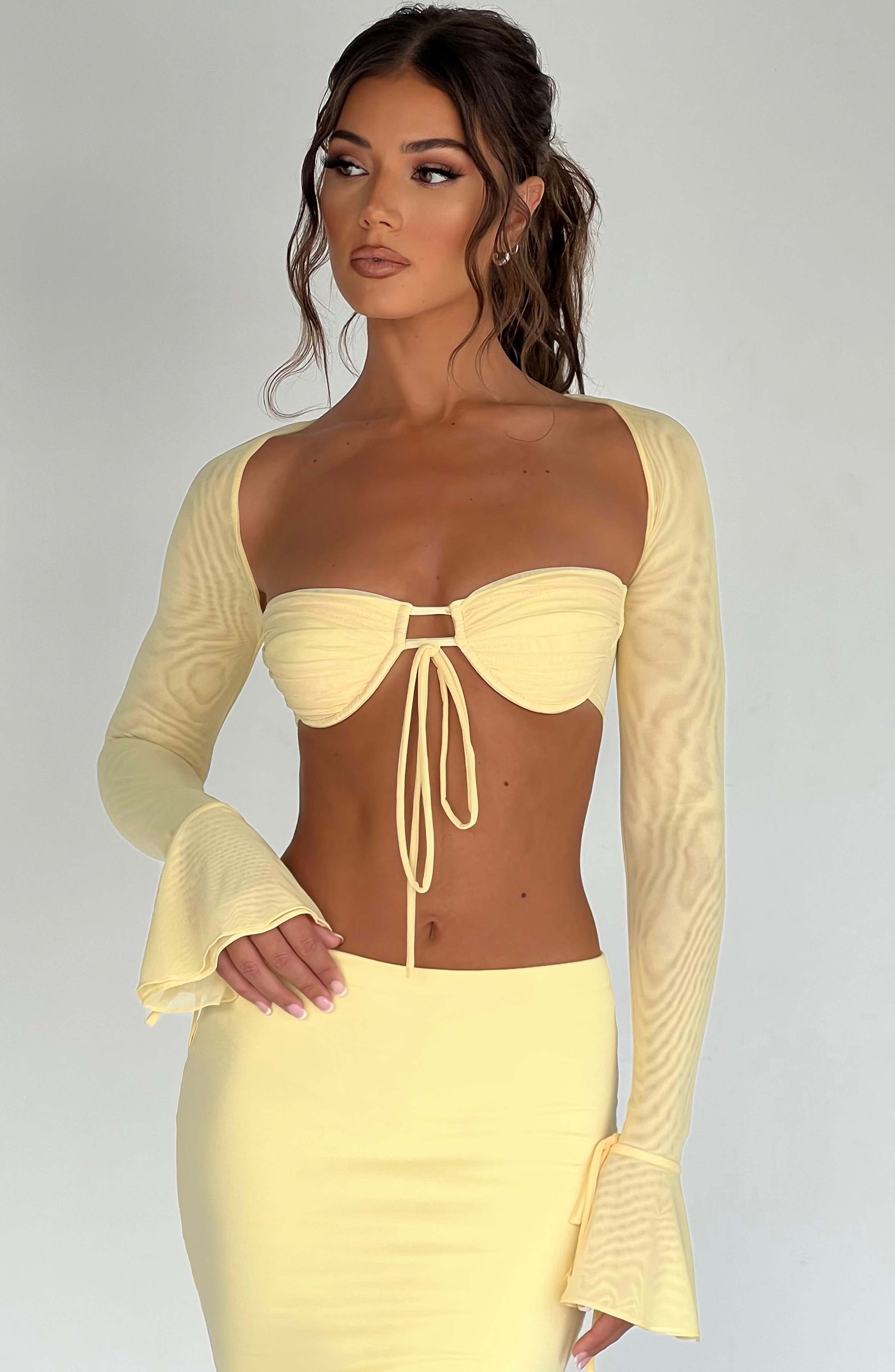 Lemon Bralet Top with Sheer Long Sleeves & Underwire - Priscilla
