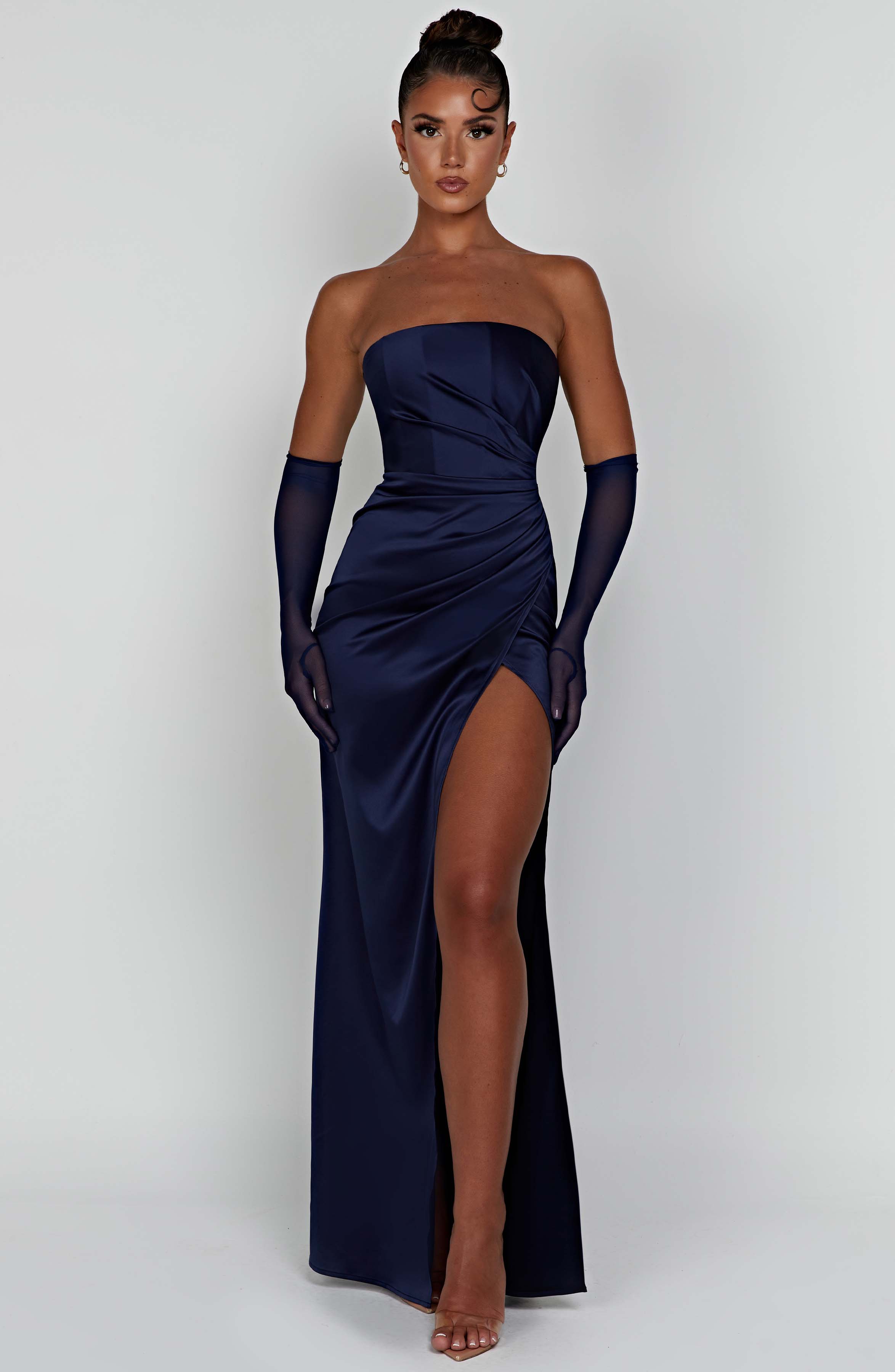 Safiya Navy Satin Maxi Dress with Thigh Split & Corset
