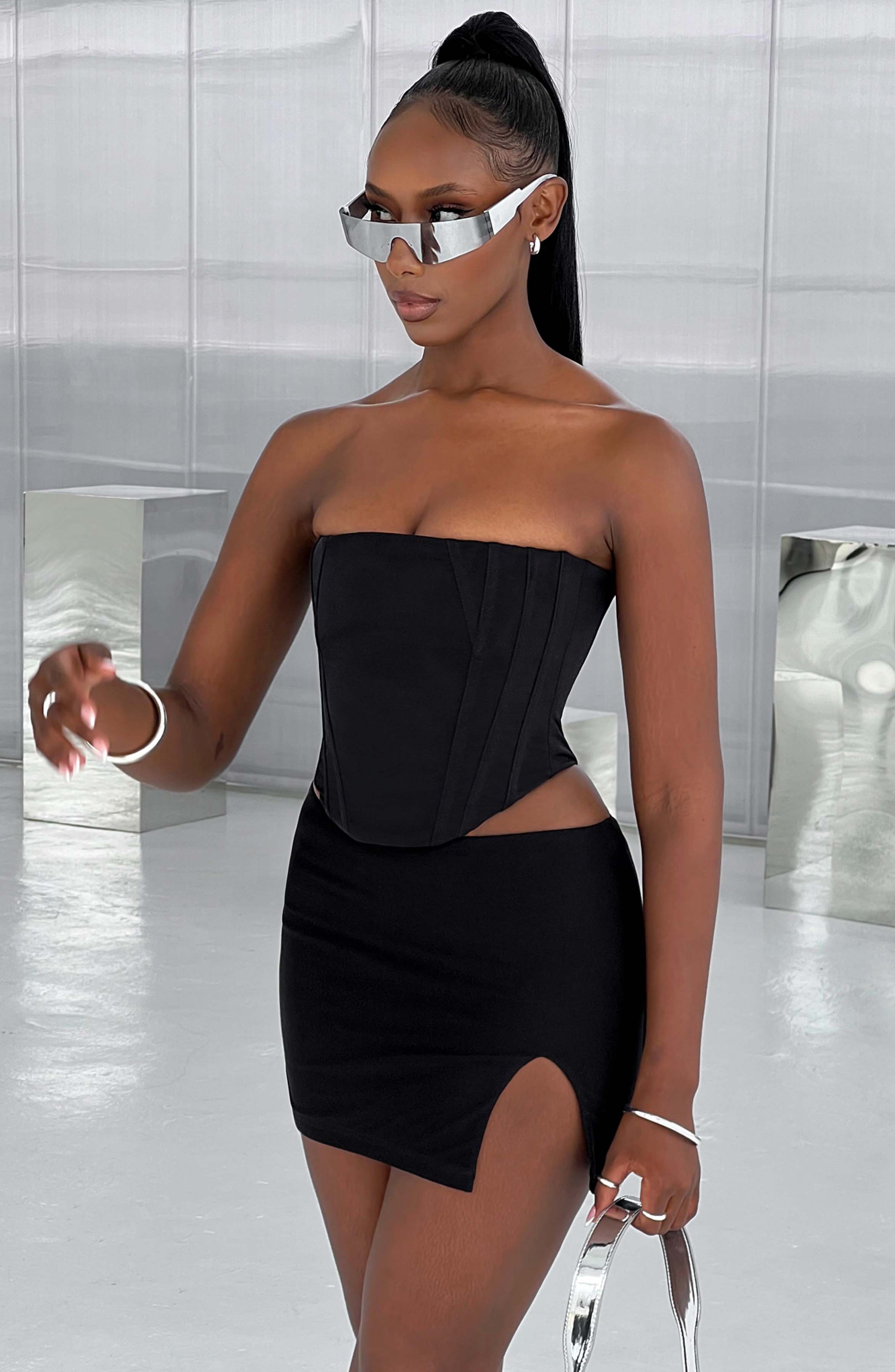 Alina Low Waist Mini Skirt - Black Jersey with Split