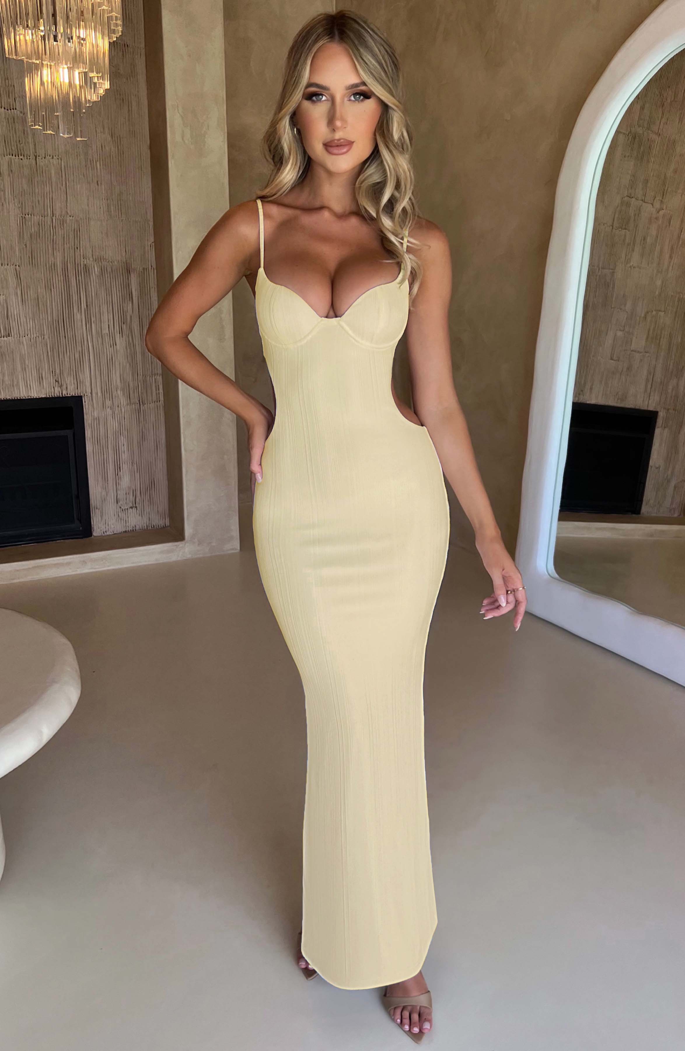 Celine Lemon Maxi Dress with Cut Outs & Underwire