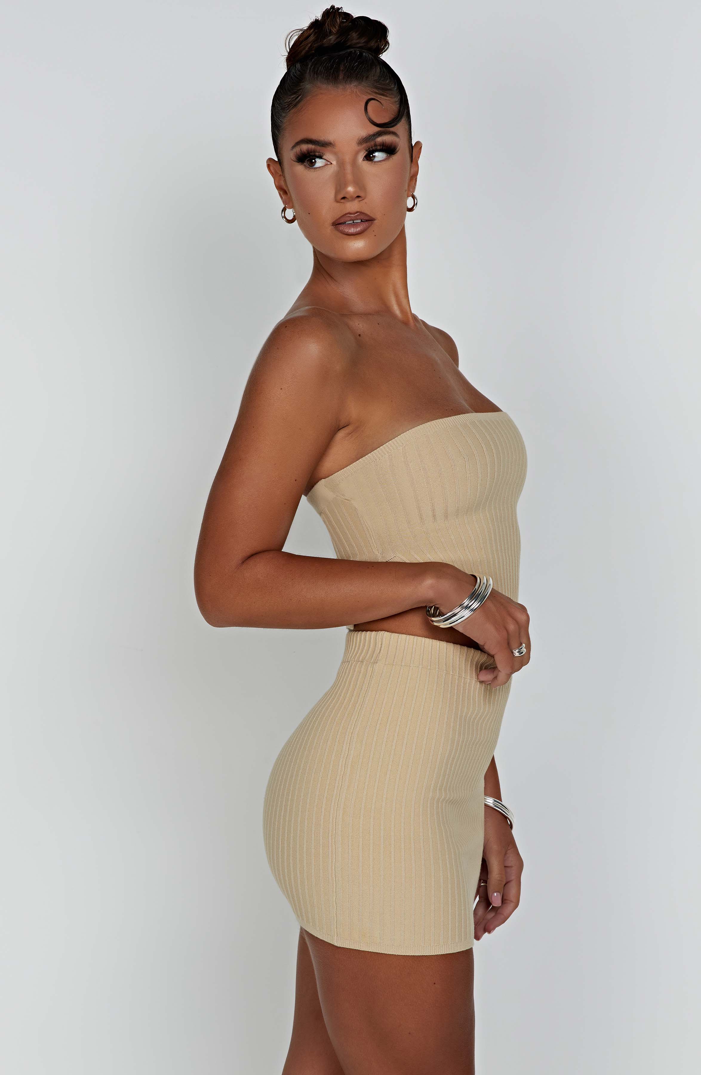 Beige Ribbed Knit High Waisted Mini Skirt - Jaz