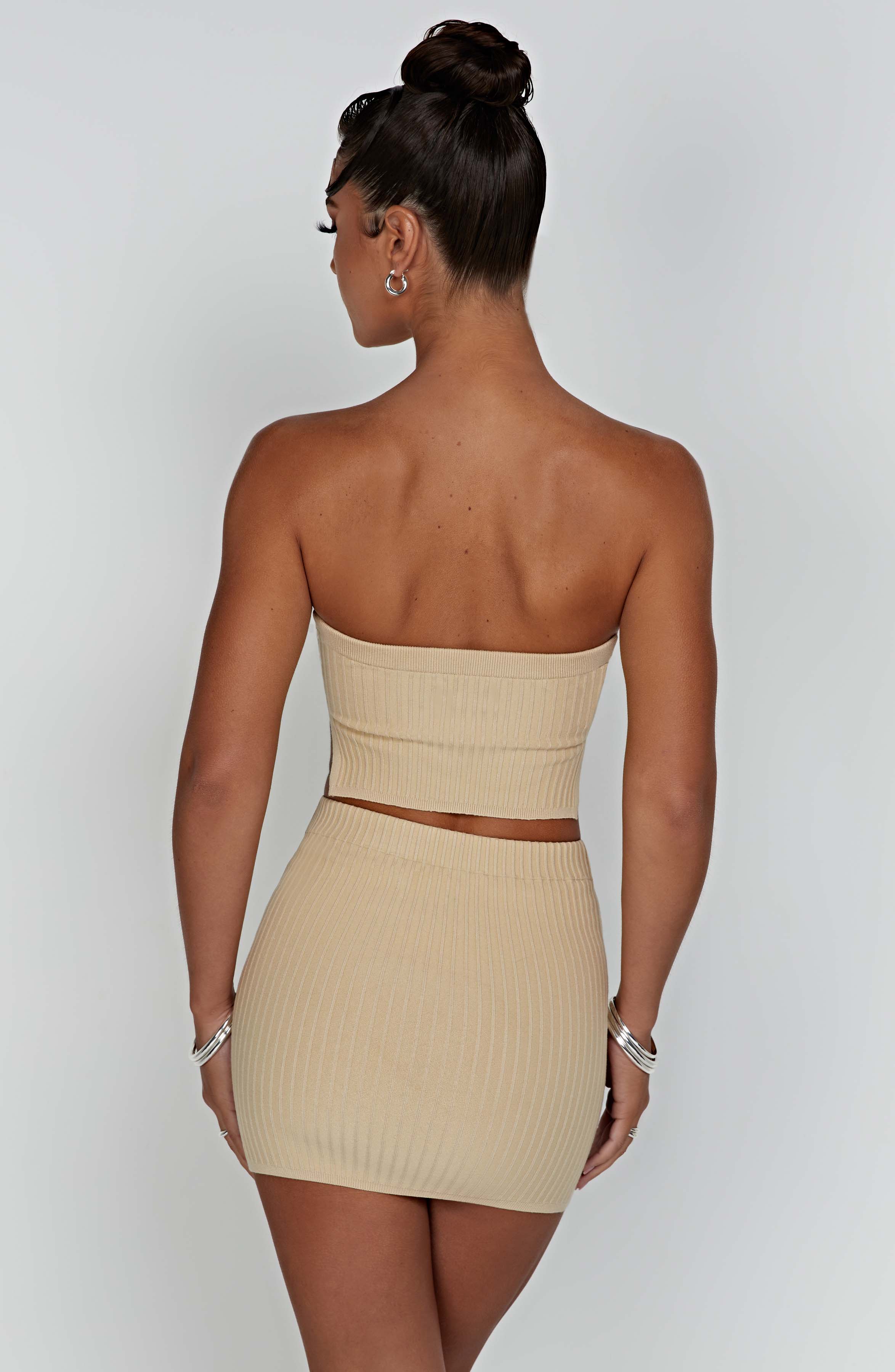 Beige Ribbed Knit High Waisted Mini Skirt - Jaz