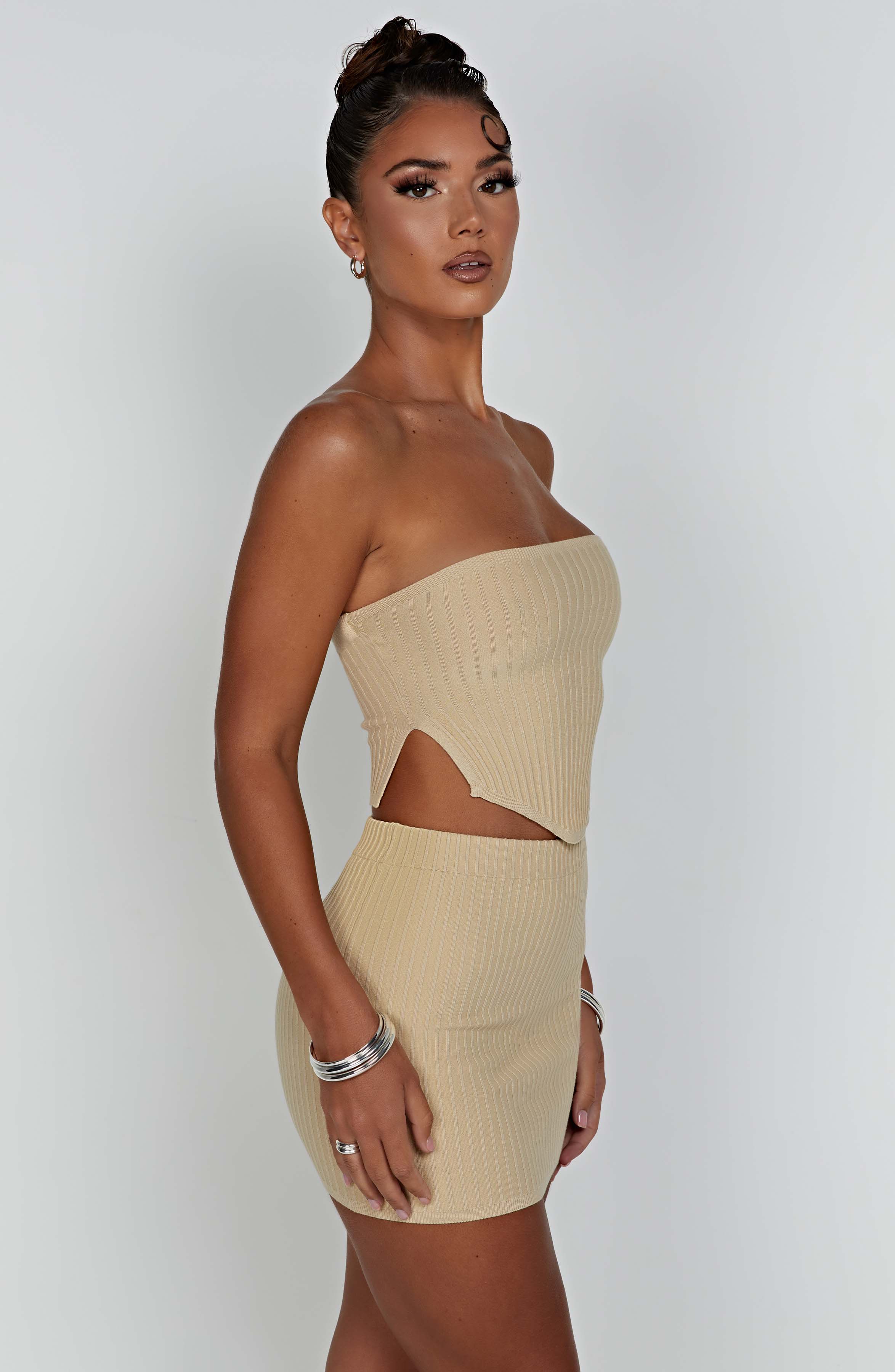 Beige Ribbed Knit High Waisted Mini Skirt - Jaz
