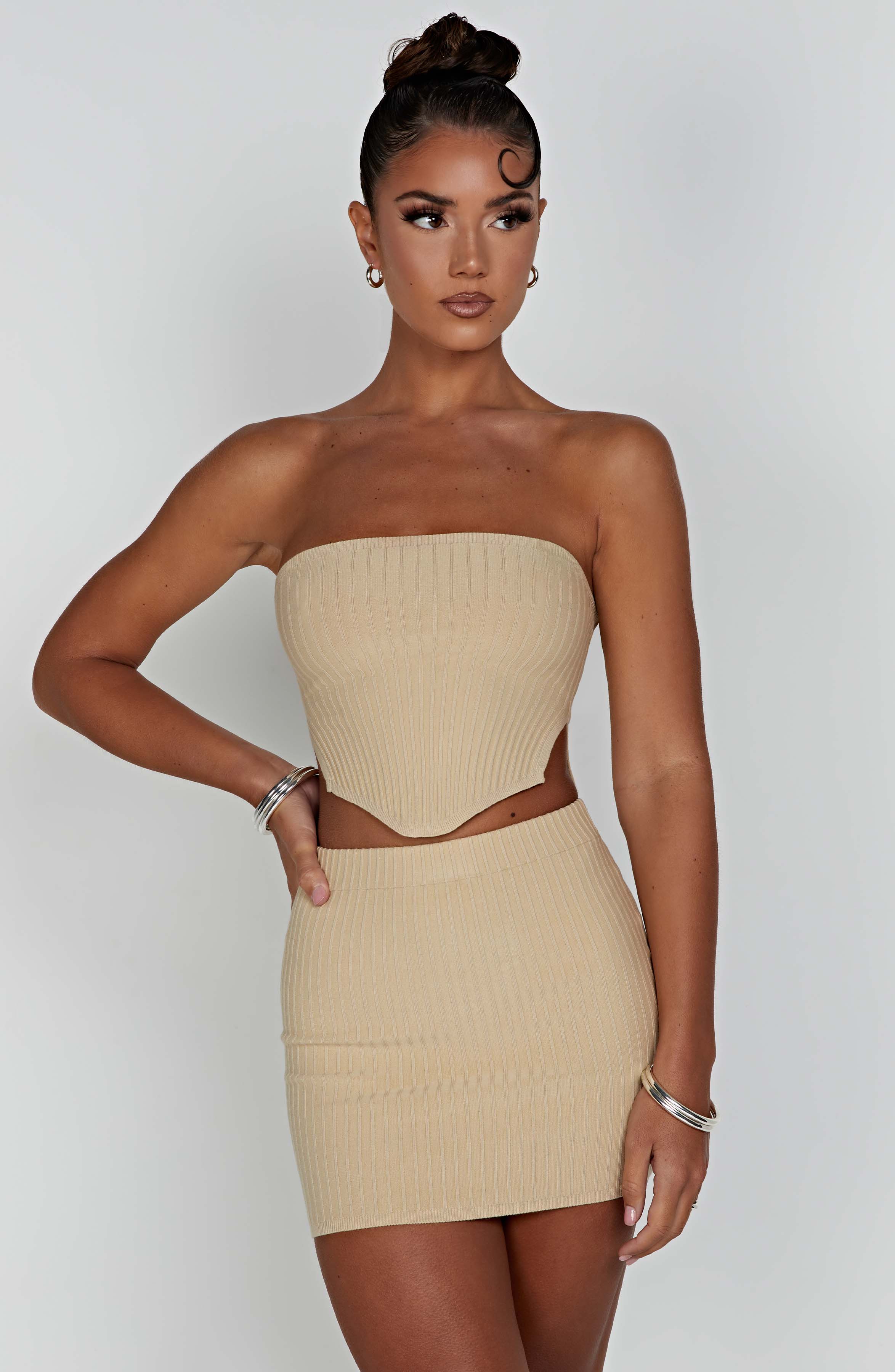 Beige Ribbed Knit High Waisted Mini Skirt - Jaz