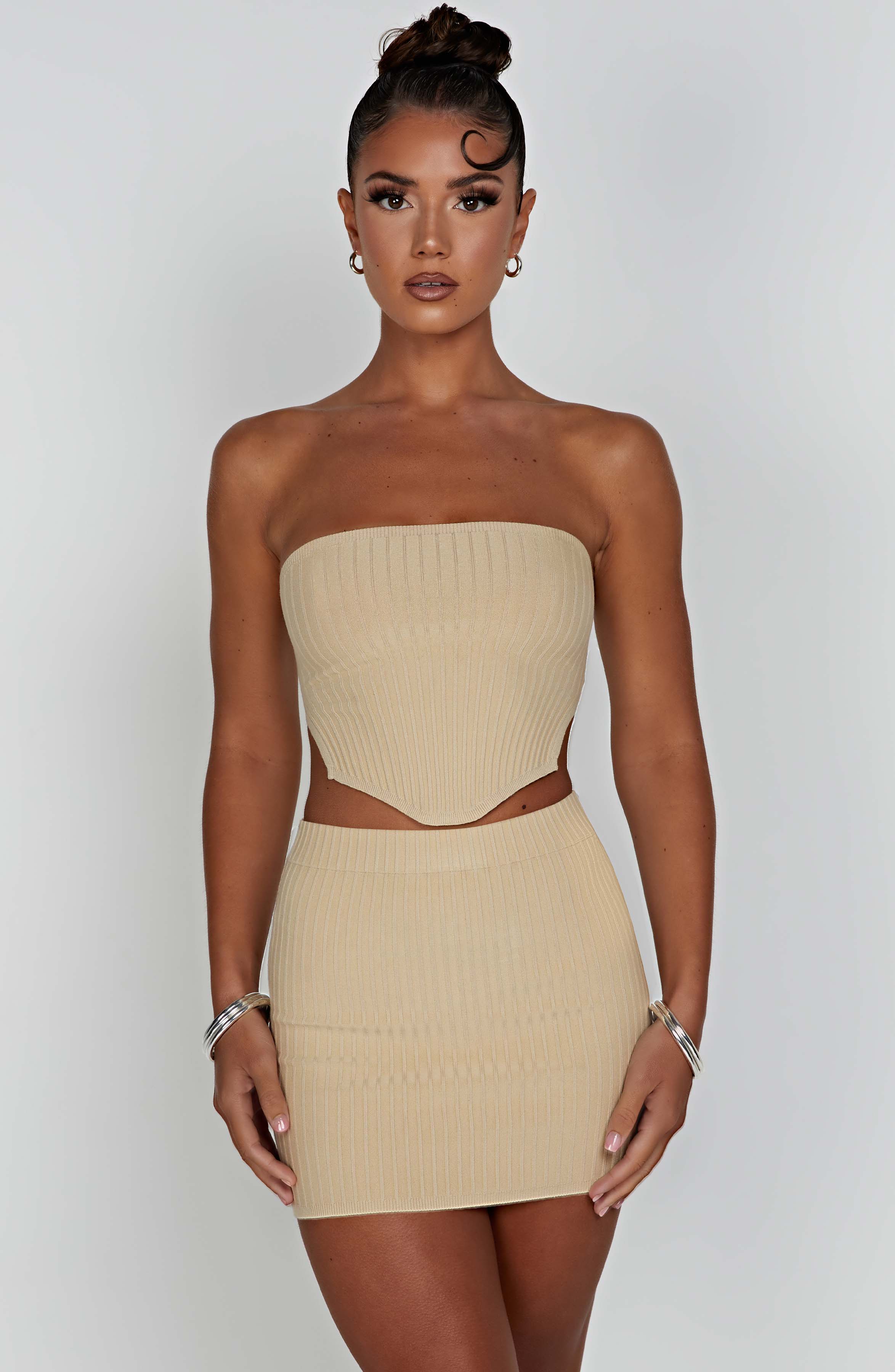 Beige Ribbed Knit High Waisted Mini Skirt - Jaz
