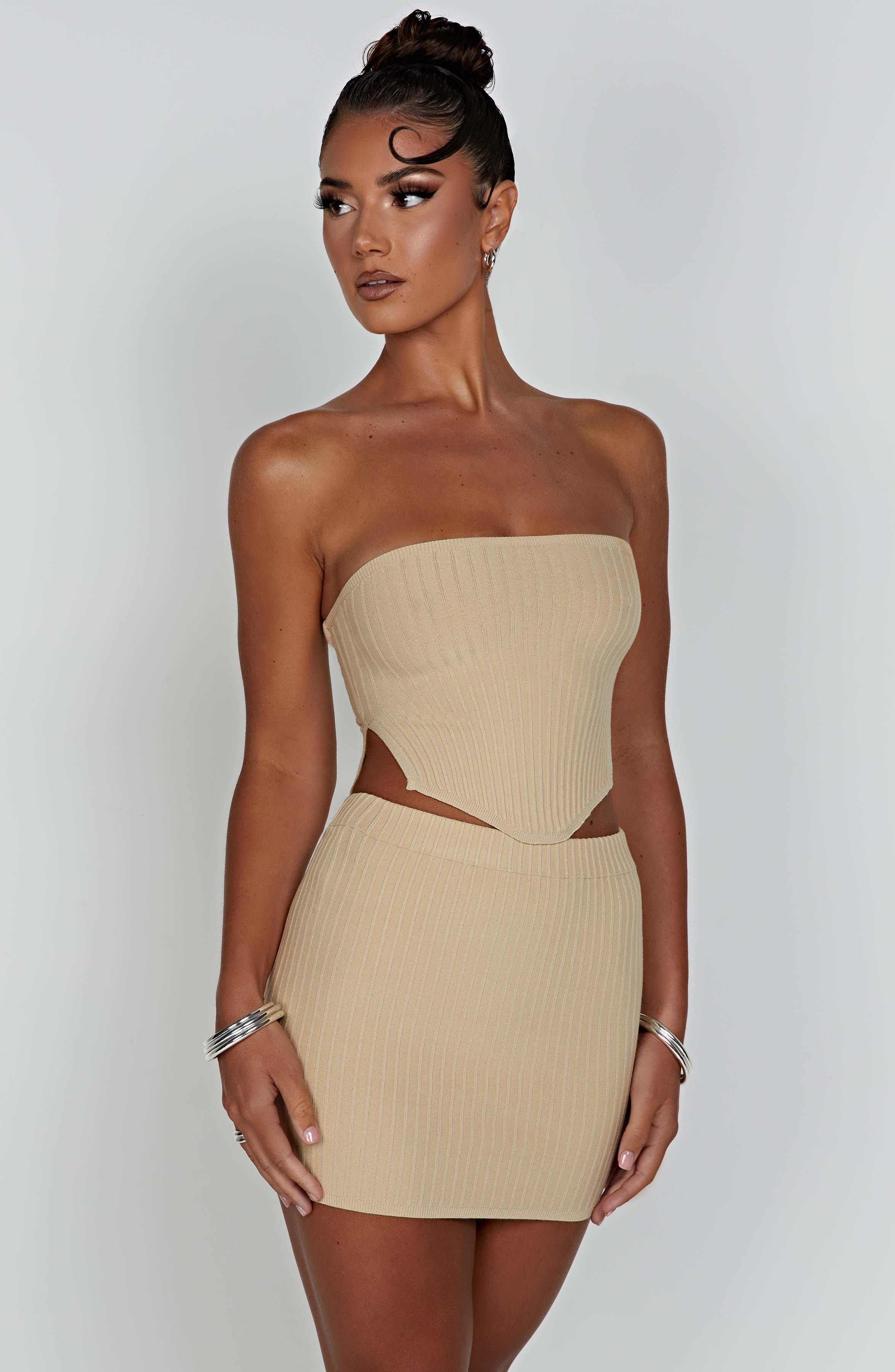 Beige Ribbed Knit High Waisted Mini Skirt - Jaz