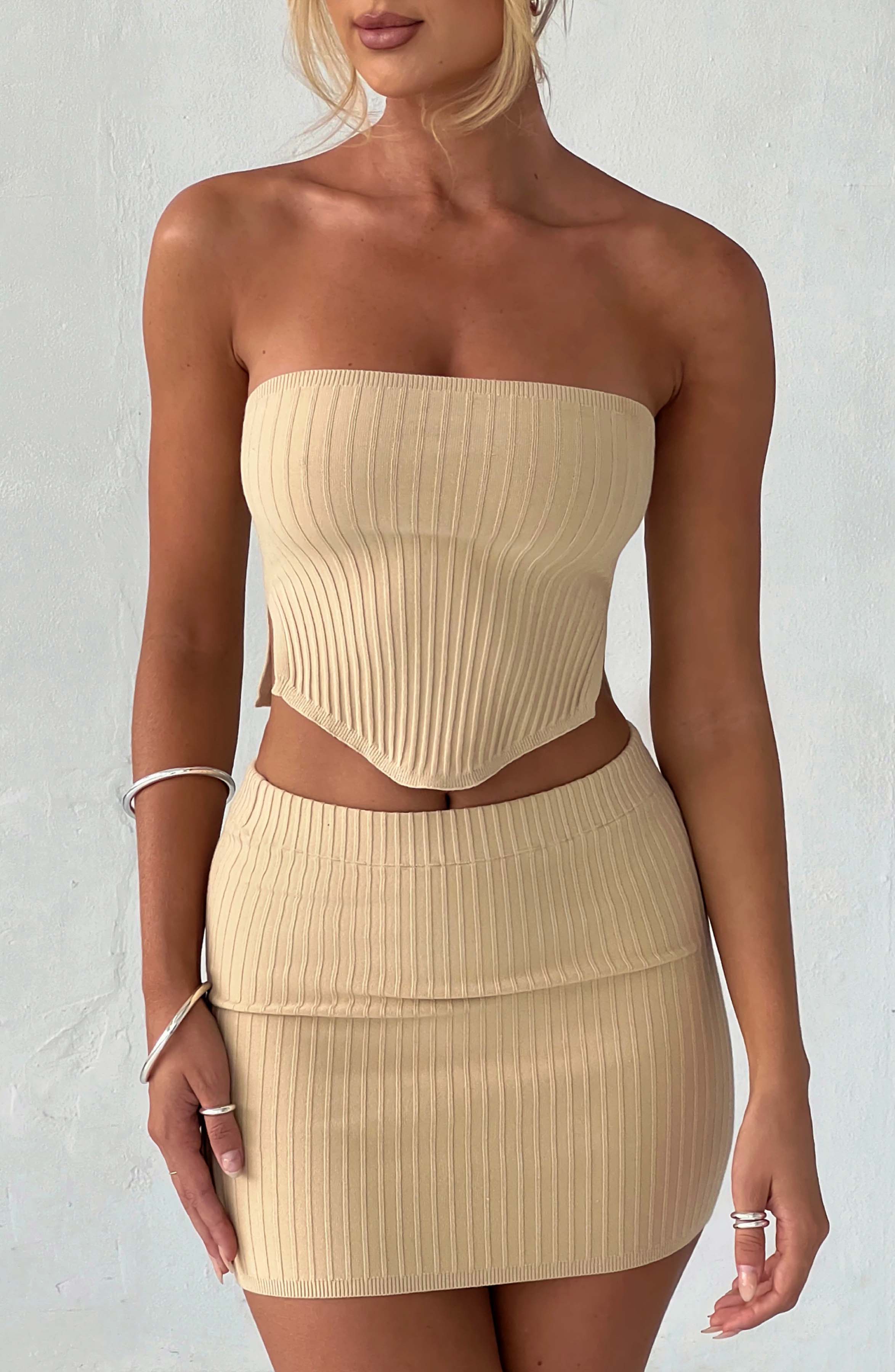 Beige Ribbed Knit High Waisted Mini Skirt - Jaz