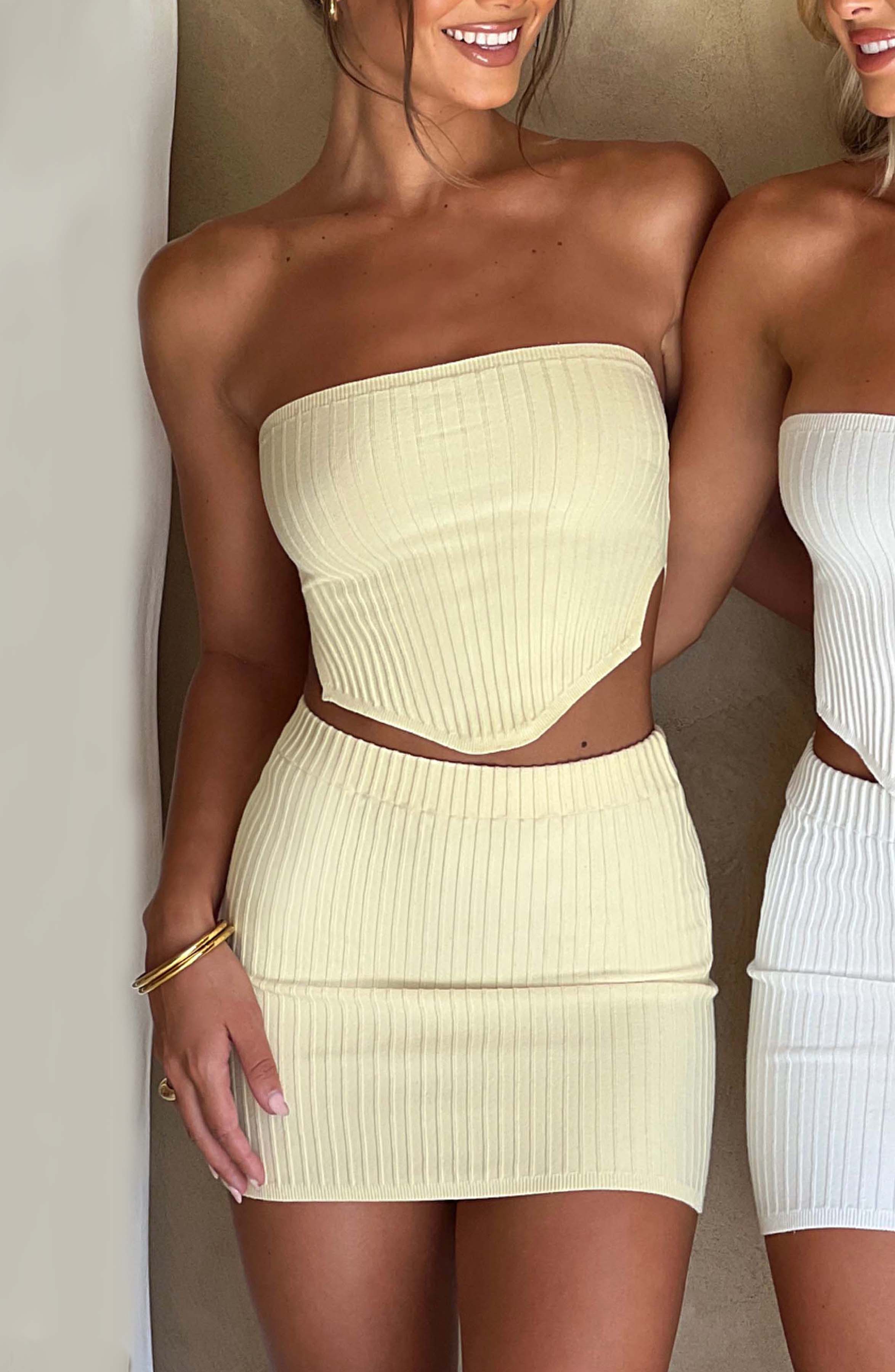 Lemon Ribbed Knit Bandeau Top – Cropped & Strapless