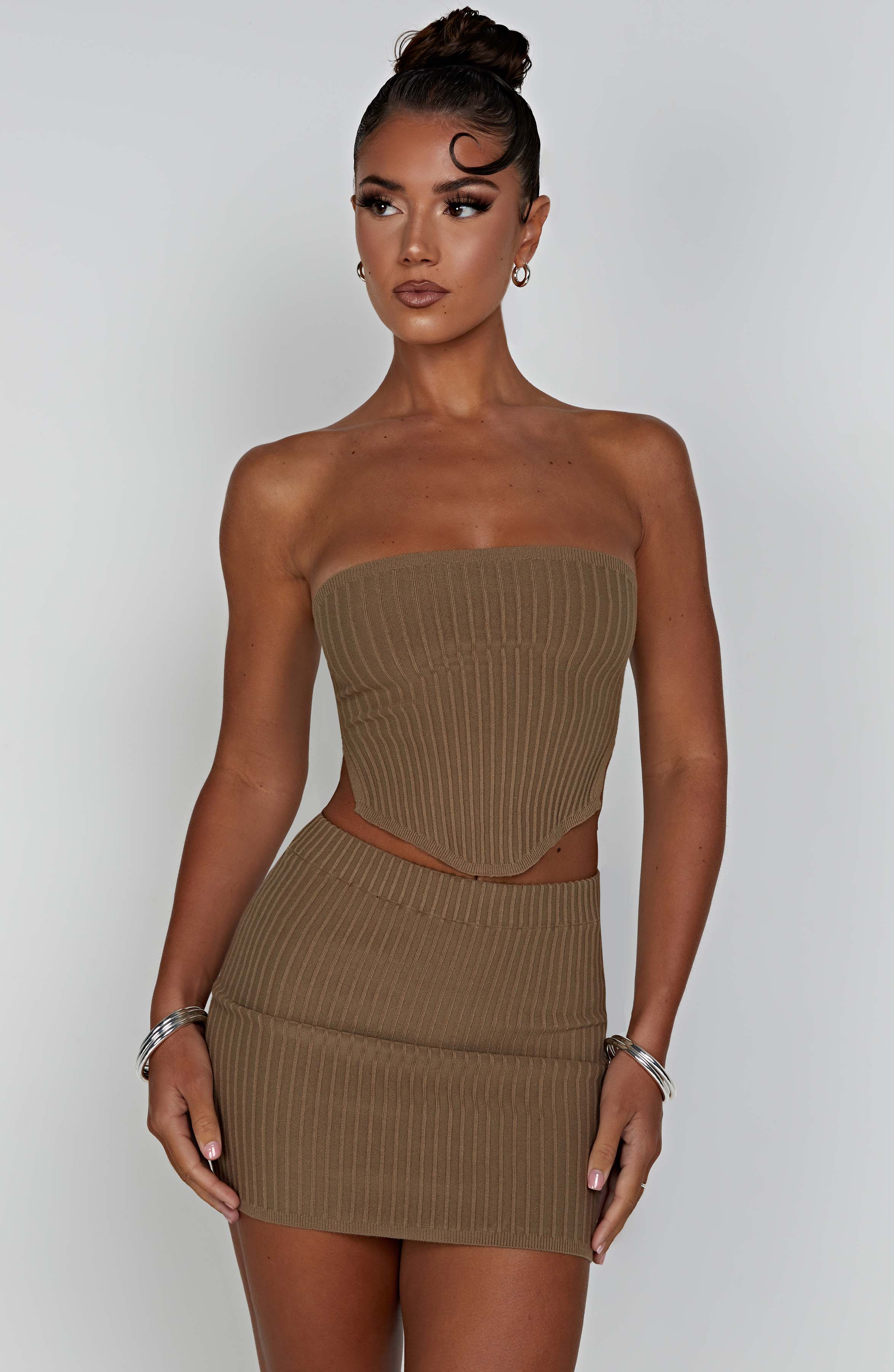 Strapless Bandeau Cropped Top - Ribbed Knit Mocha Jaz Top