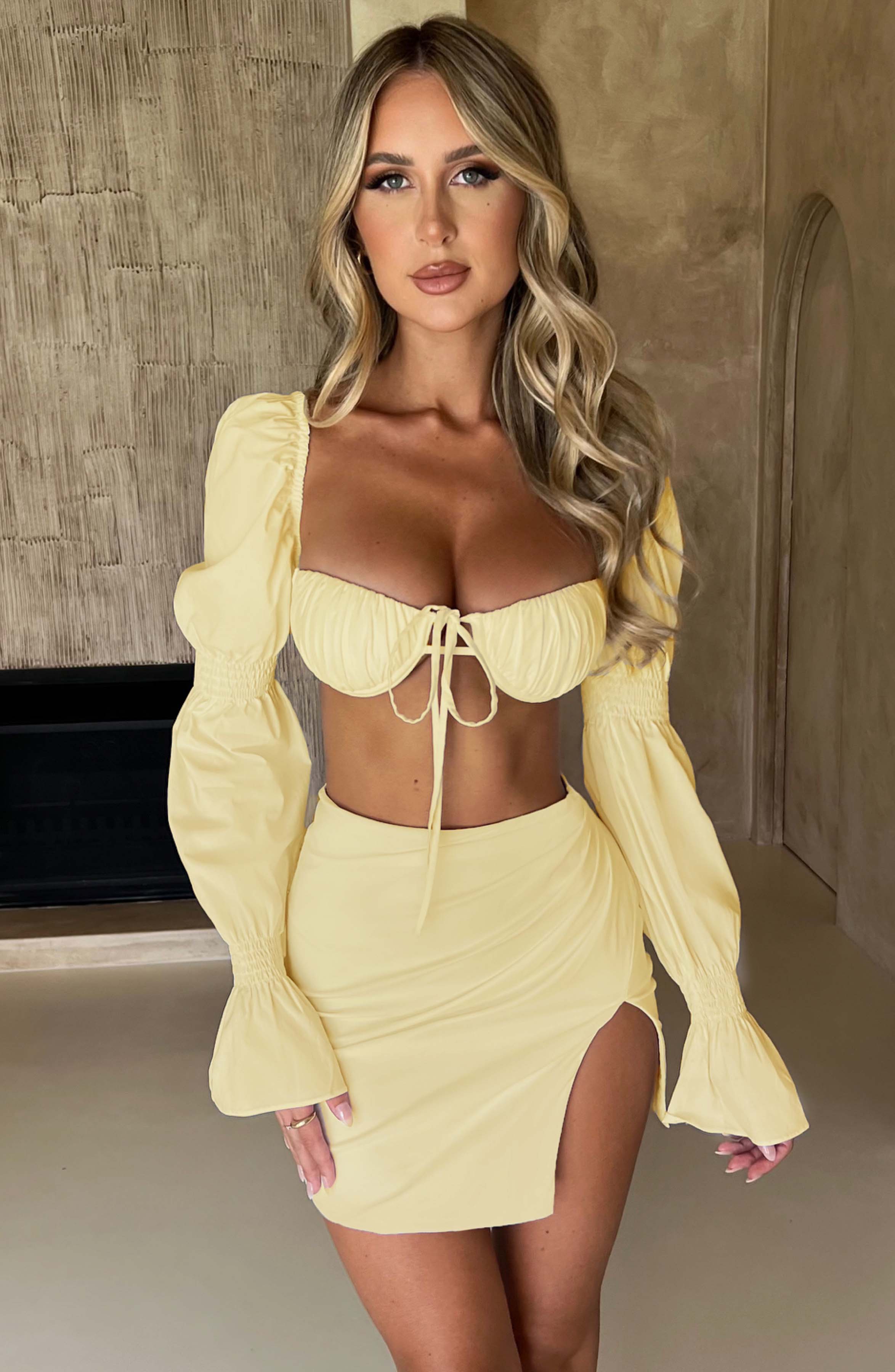 Perla High Waisted Ruched Mini Skirt in Lemon - Stretch Cotton