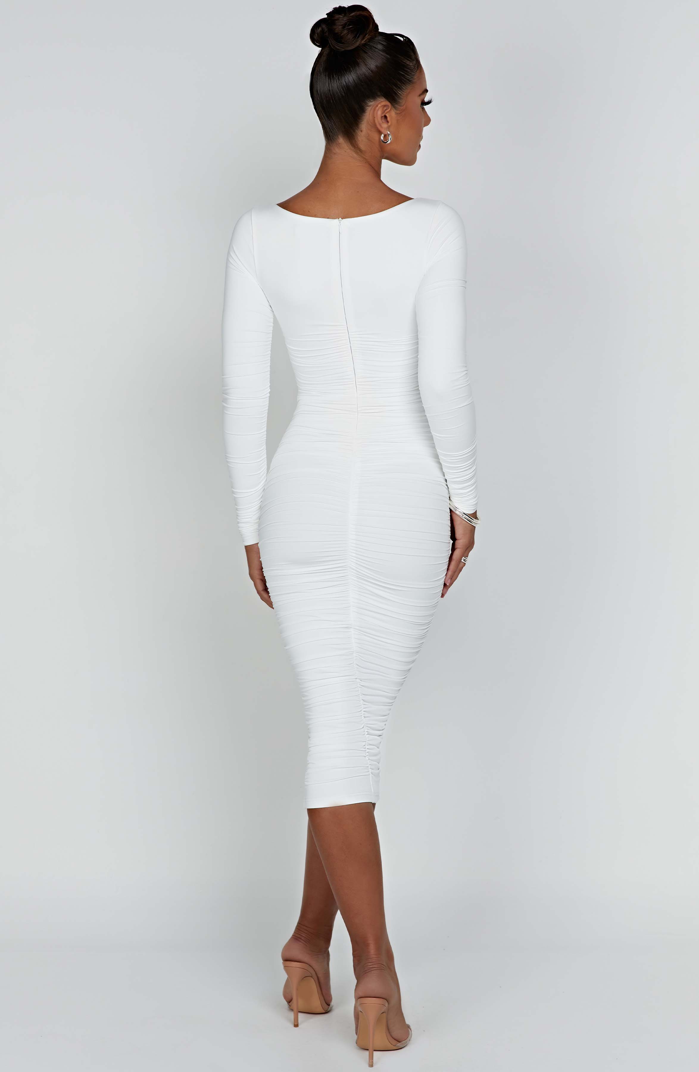 Wren White Ruched Maxi Dress with Square Neckline