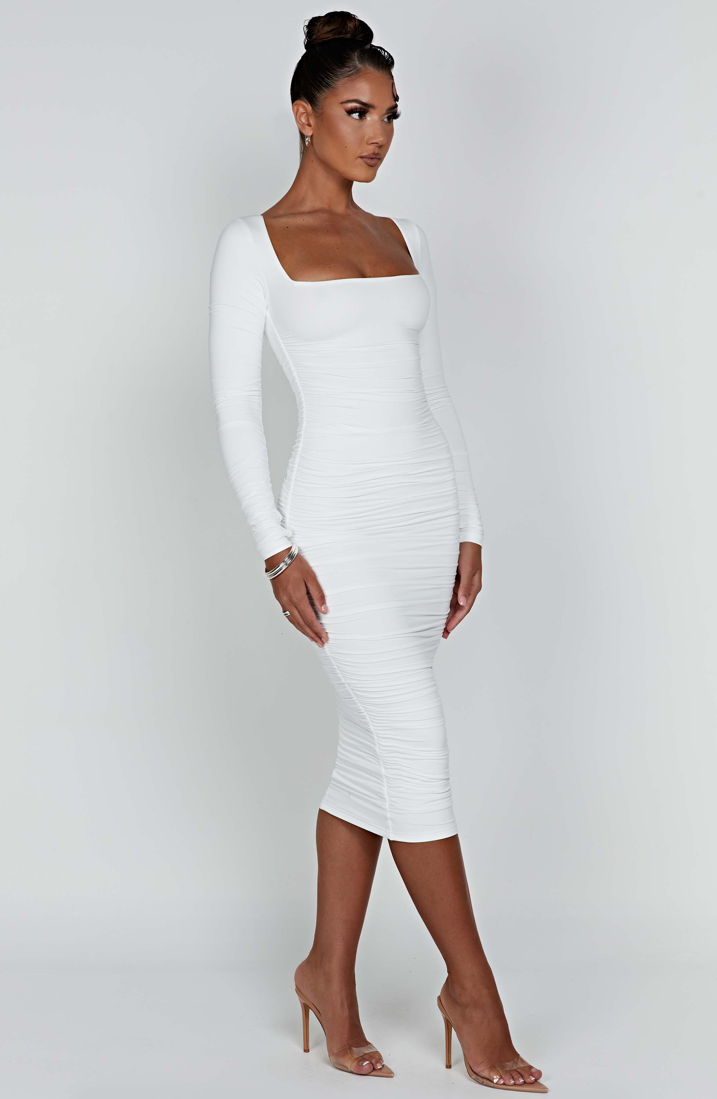 Wren White Ruched Maxi Dress with Square Neckline