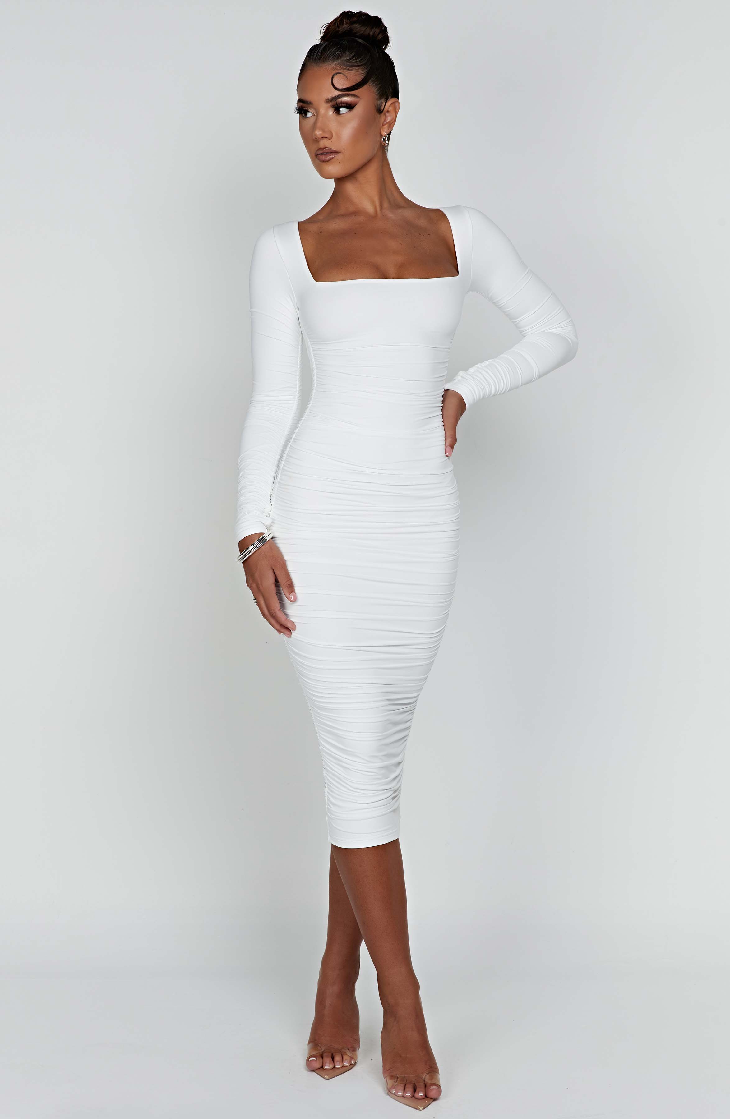Wren White Ruched Maxi Dress with Square Neckline
