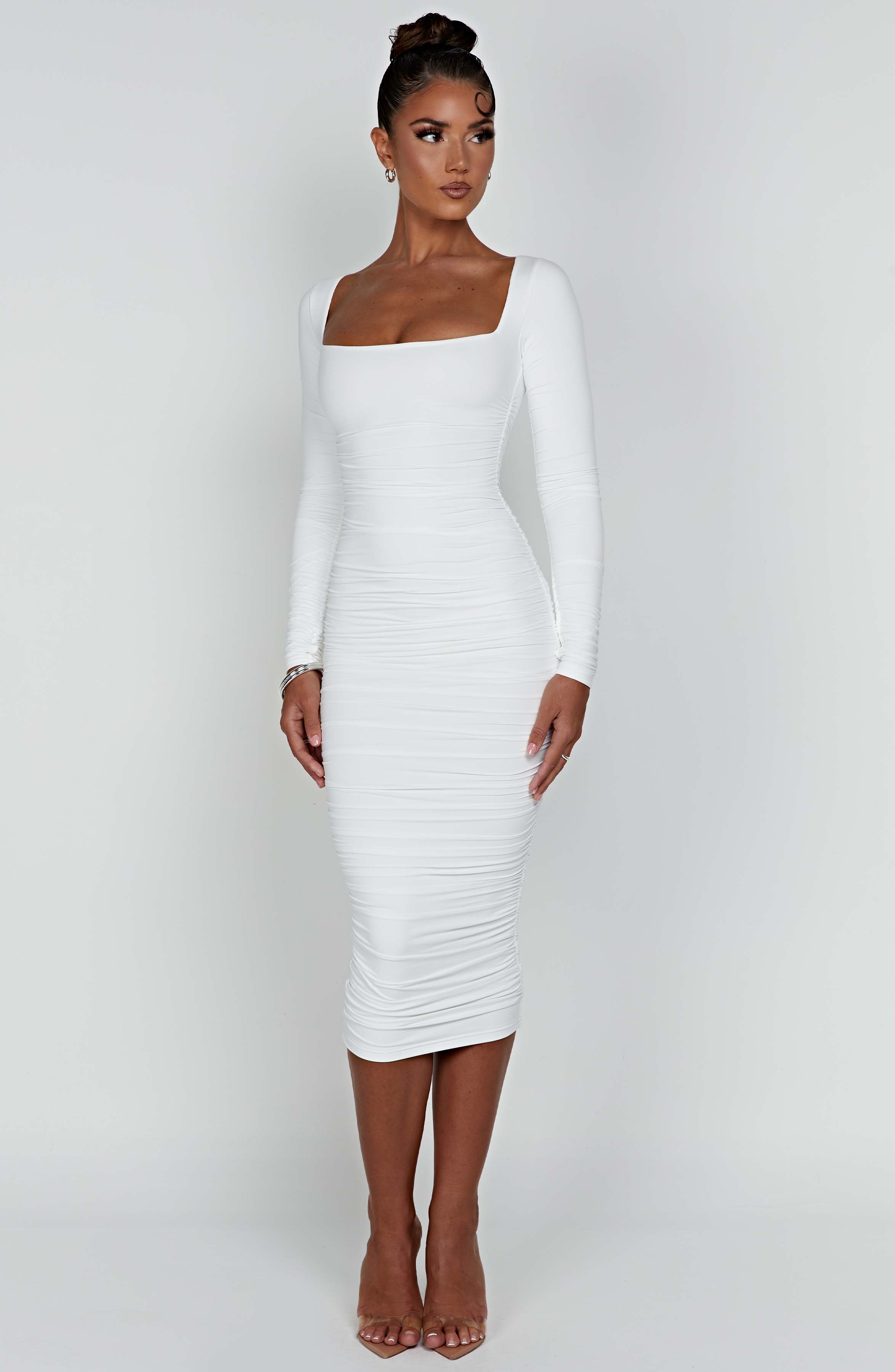 Wren White Ruched Maxi Dress with Square Neckline