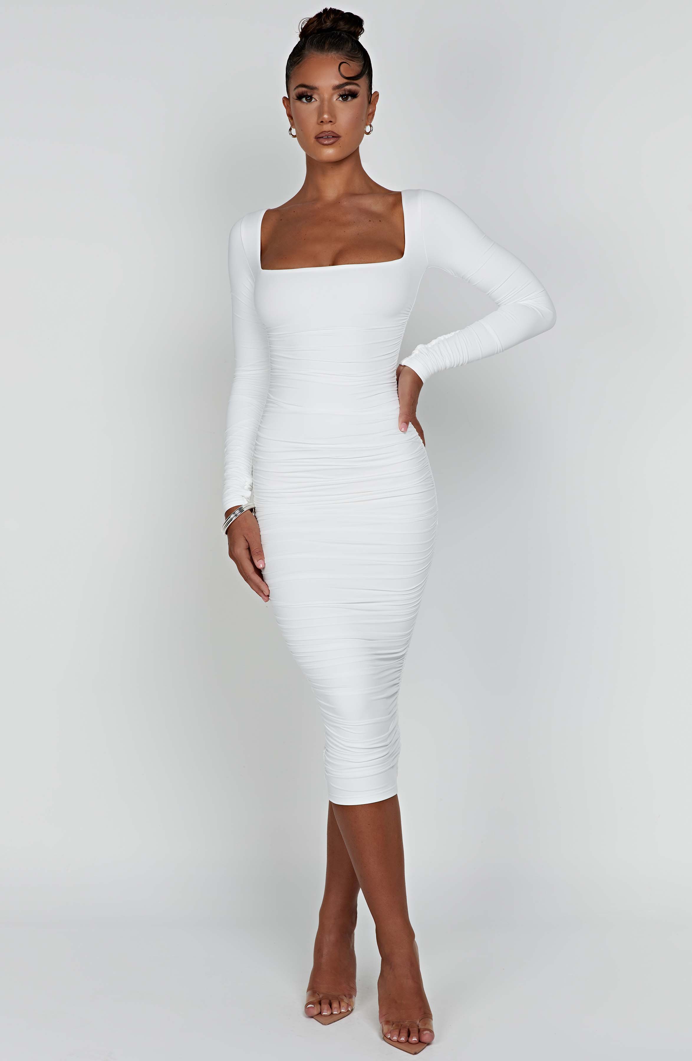 Wren White Ruched Maxi Dress with Square Neckline
