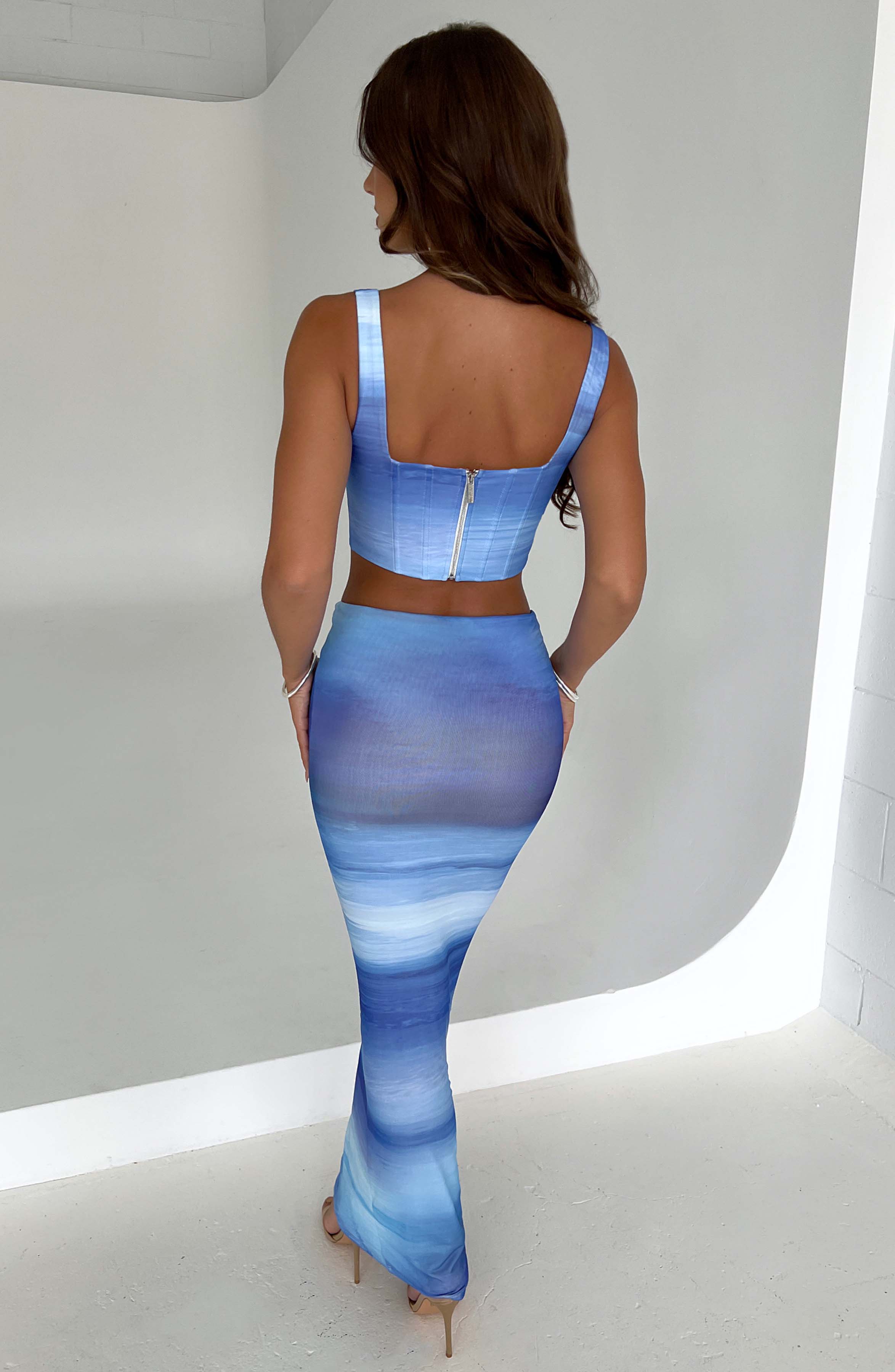 Blue Haze Print Corset Top - Structured Mesh with Boning