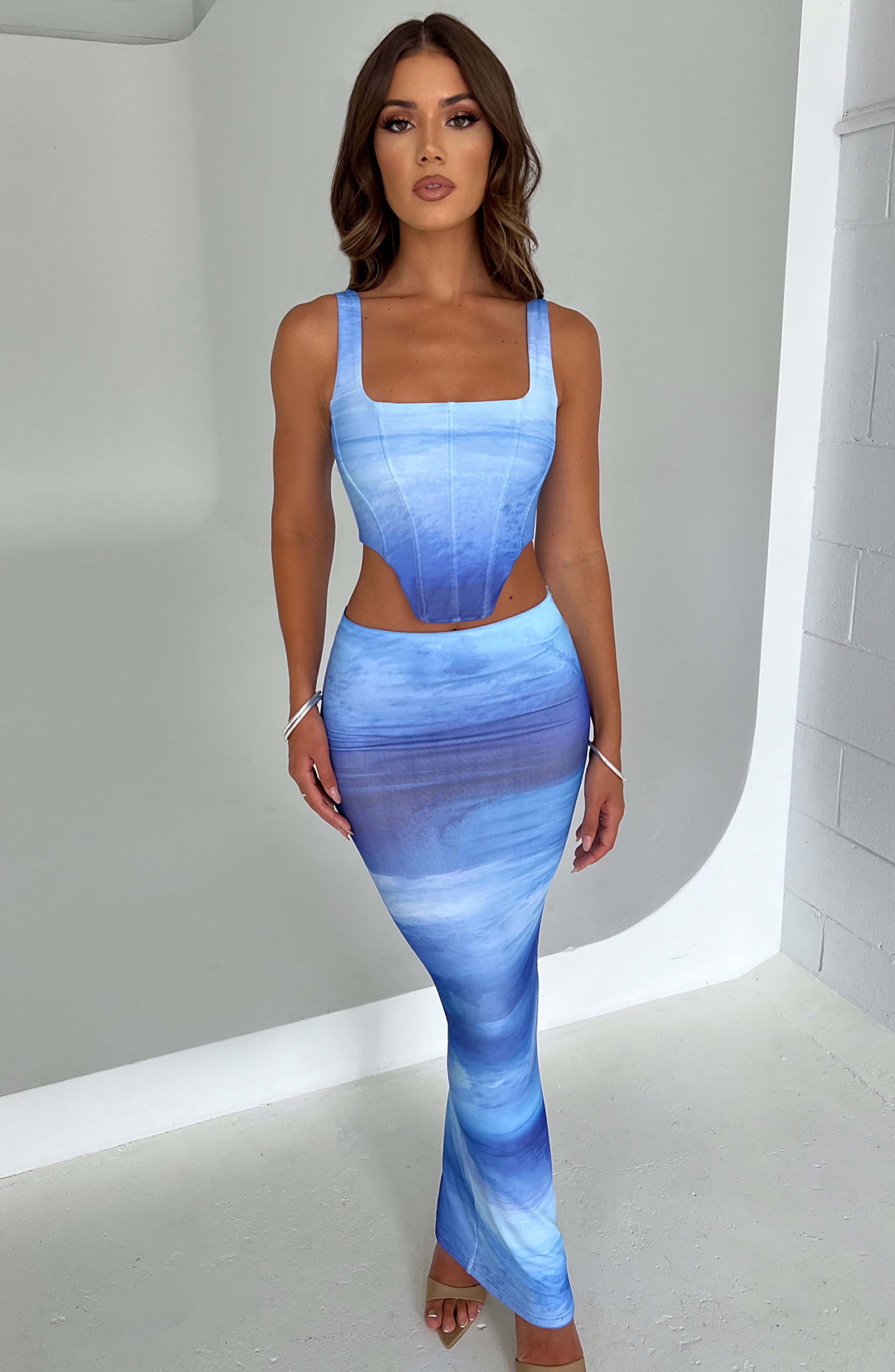 Blue Haze Print Corset Top - Structured Mesh with Boning