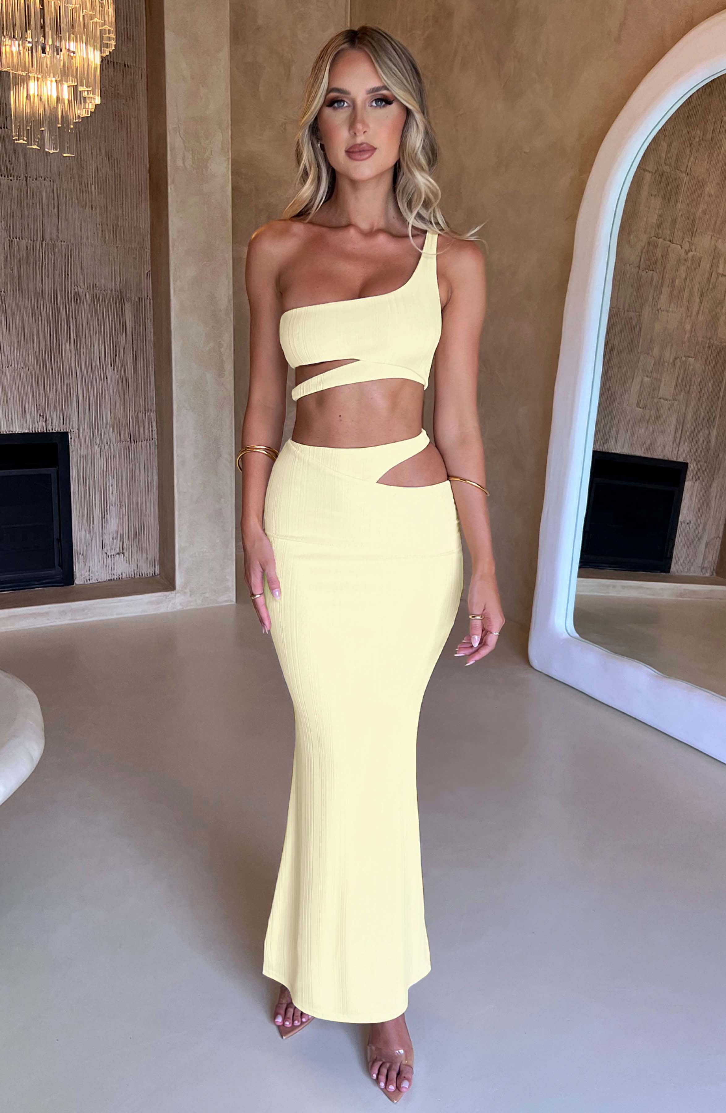 Kaela Asymmetric Maxi Skirt - Lemon - High Waist Textured Rib