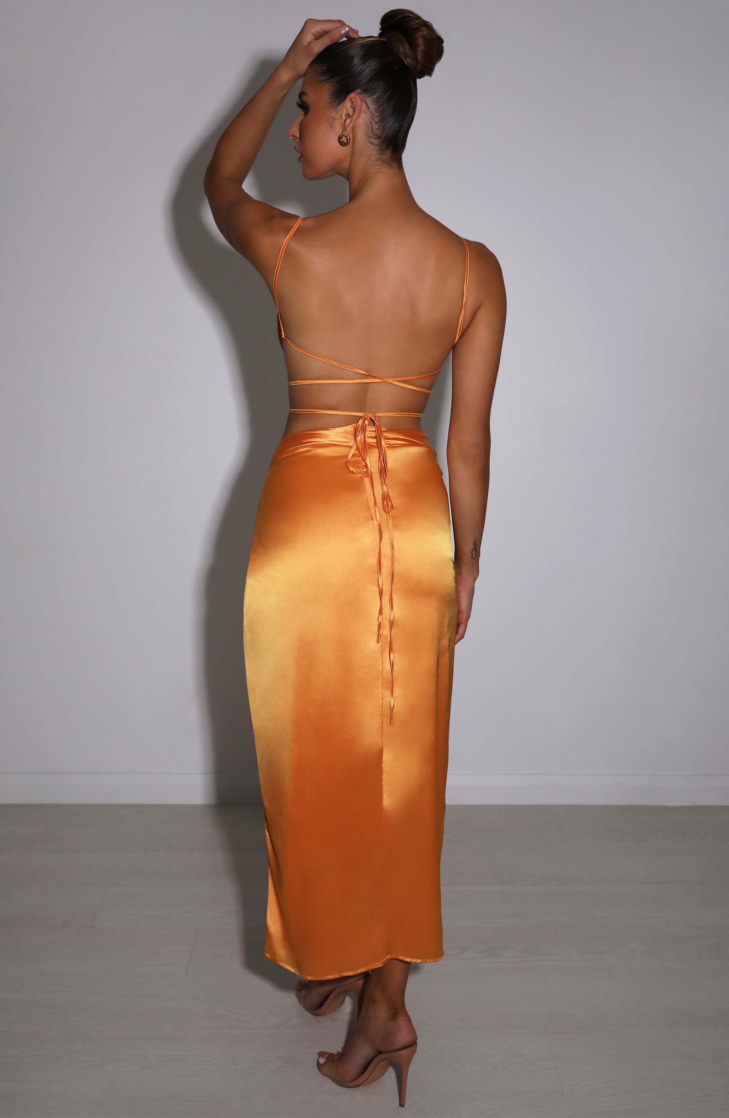 Sienna Satin Maxi Skirt with Thigh Split - Tangerine