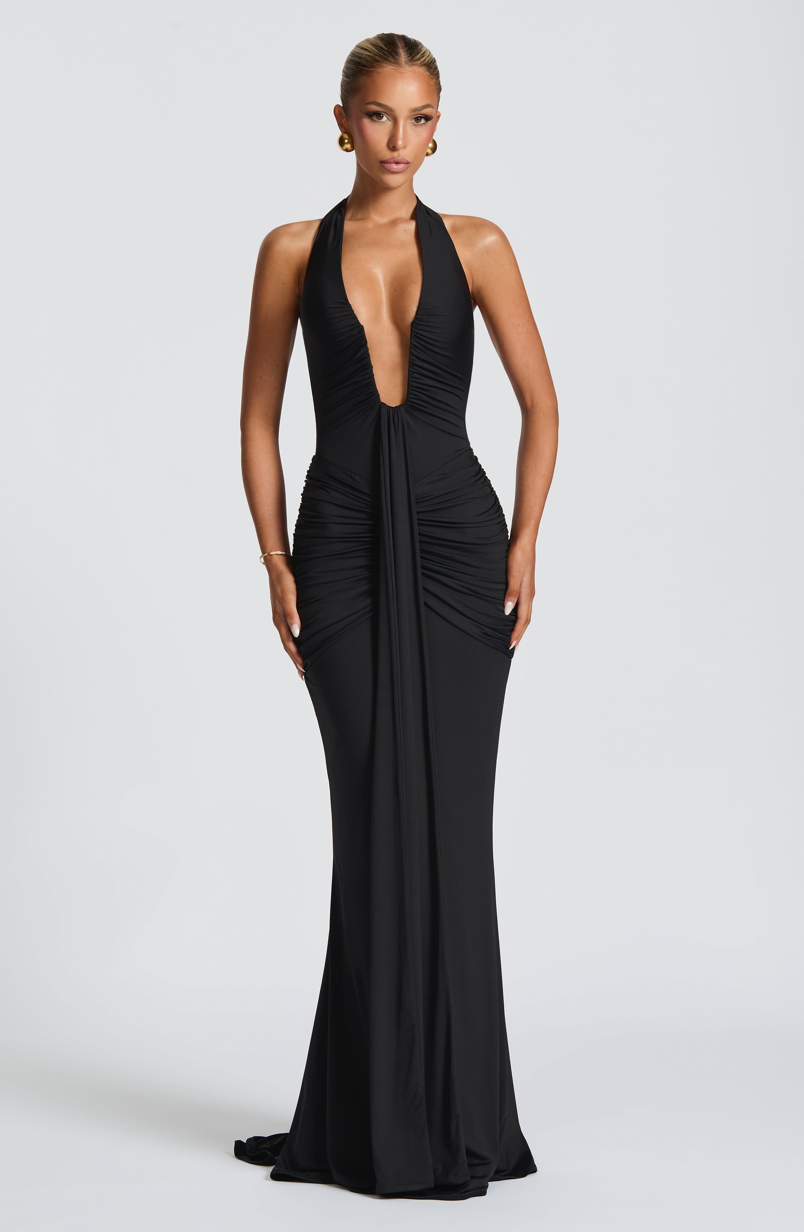 Black Rosetta Maxi Dress with Plunge Halter Neck & Train