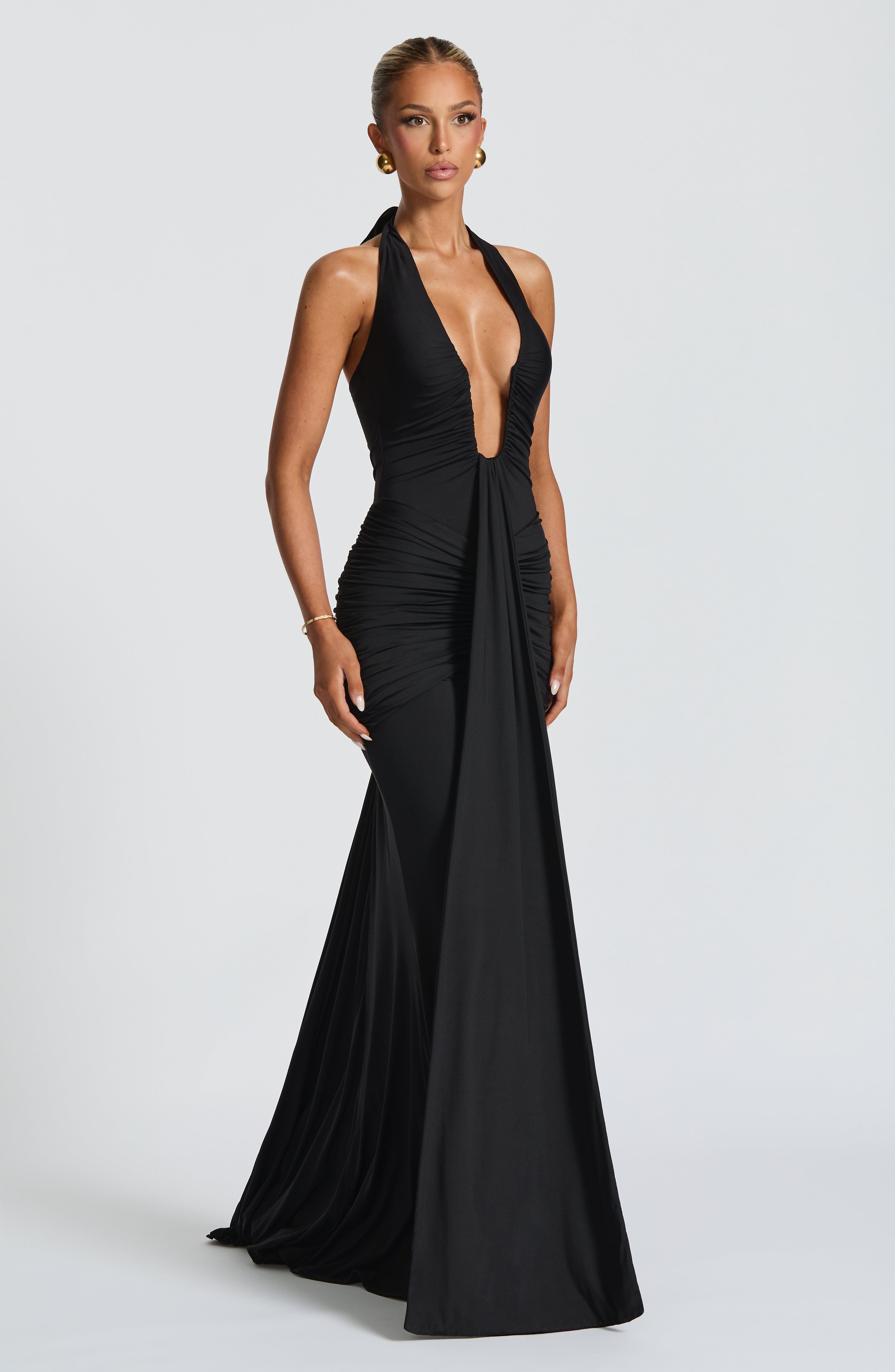 Black Rosetta Maxi Dress with Plunge Halter Neck & Train