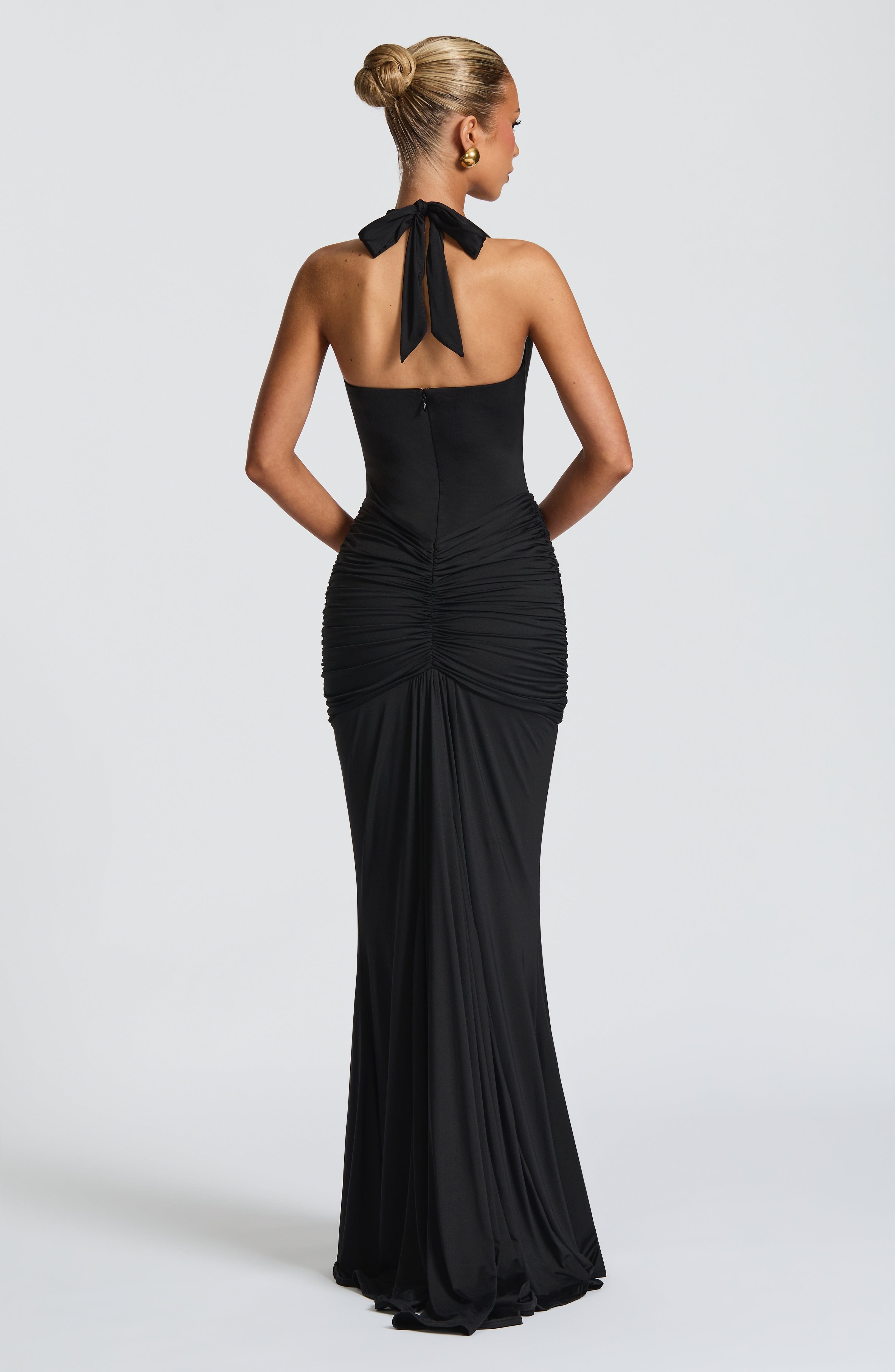 Black Rosetta Maxi Dress with Plunge Halter Neck & Train