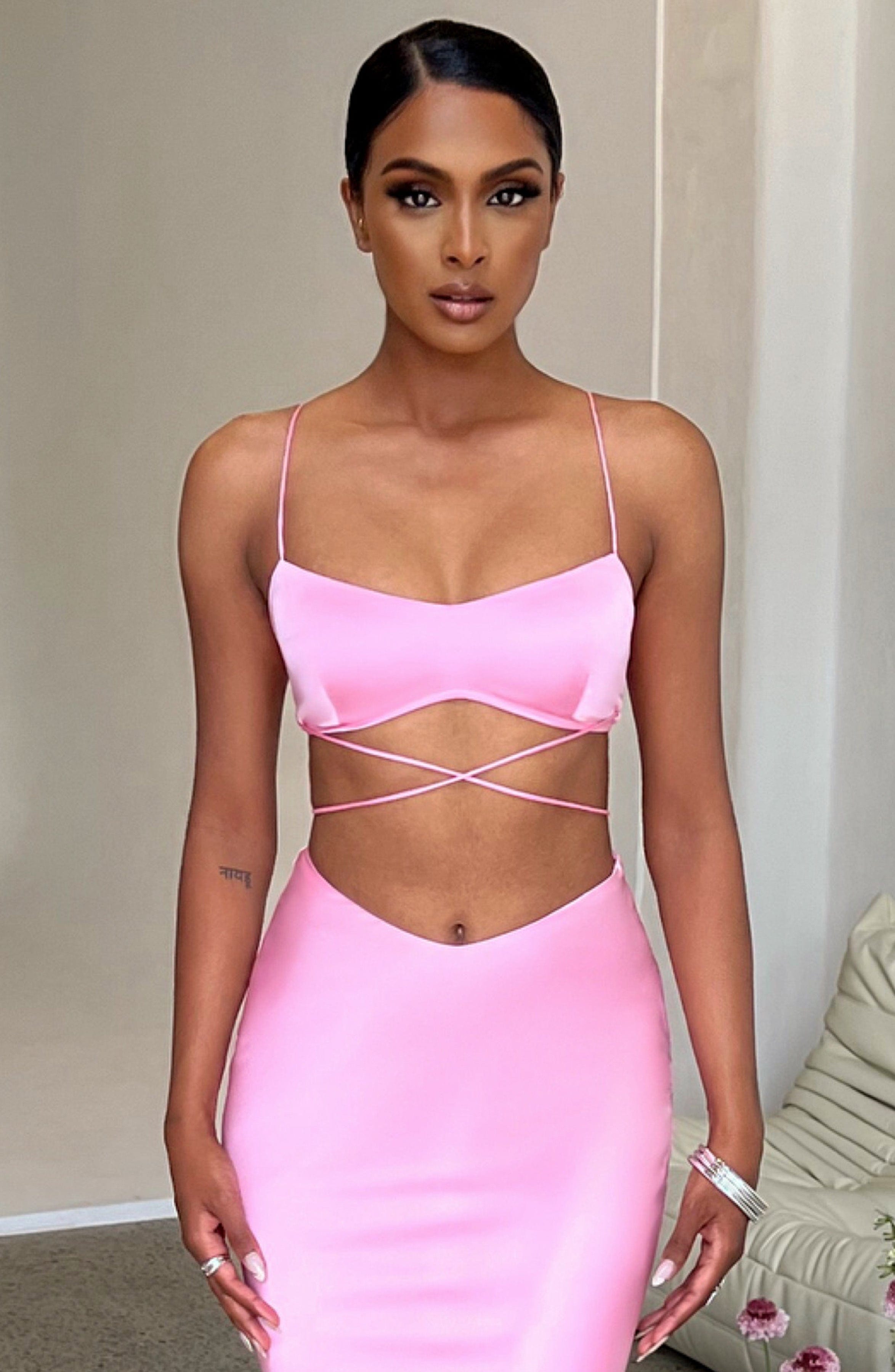 Valeria Satin Crop Top - Baby Pink with Strappy Back