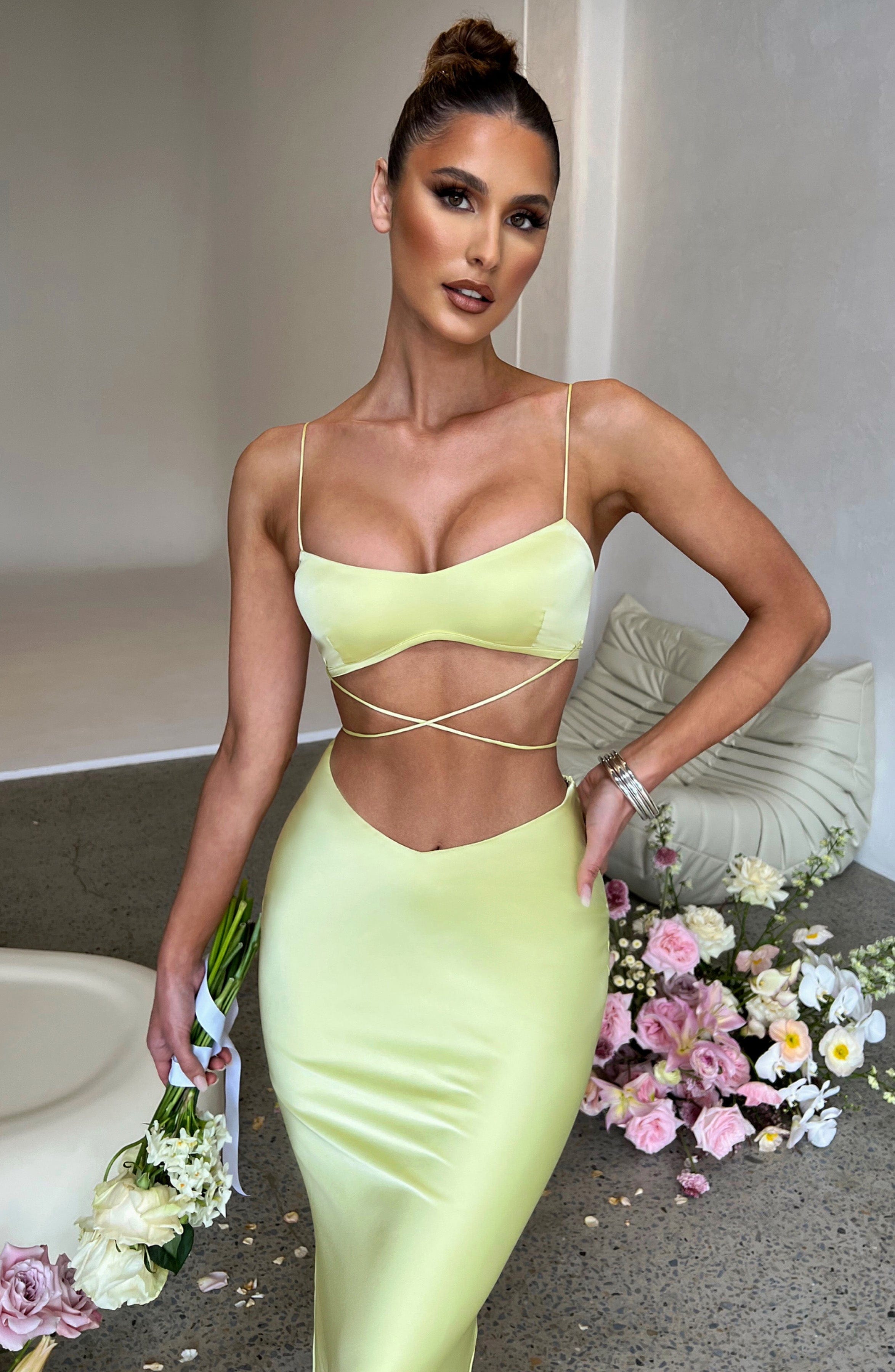 Valeria Satin Crop Top with Strappy Back - Lime
