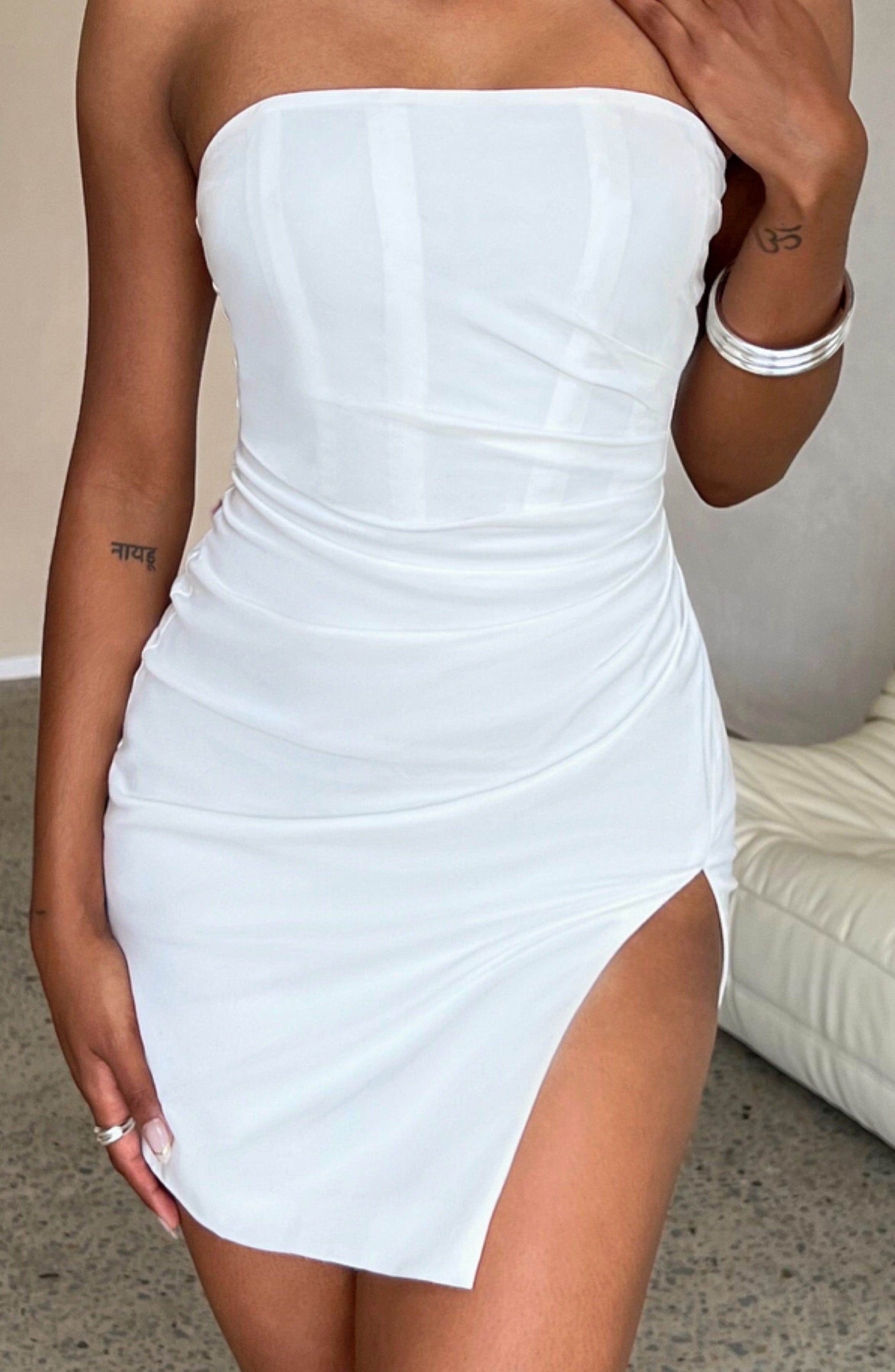 Christiana Strapless Mini Dress - White Ruched Bodycon with Thigh Slit