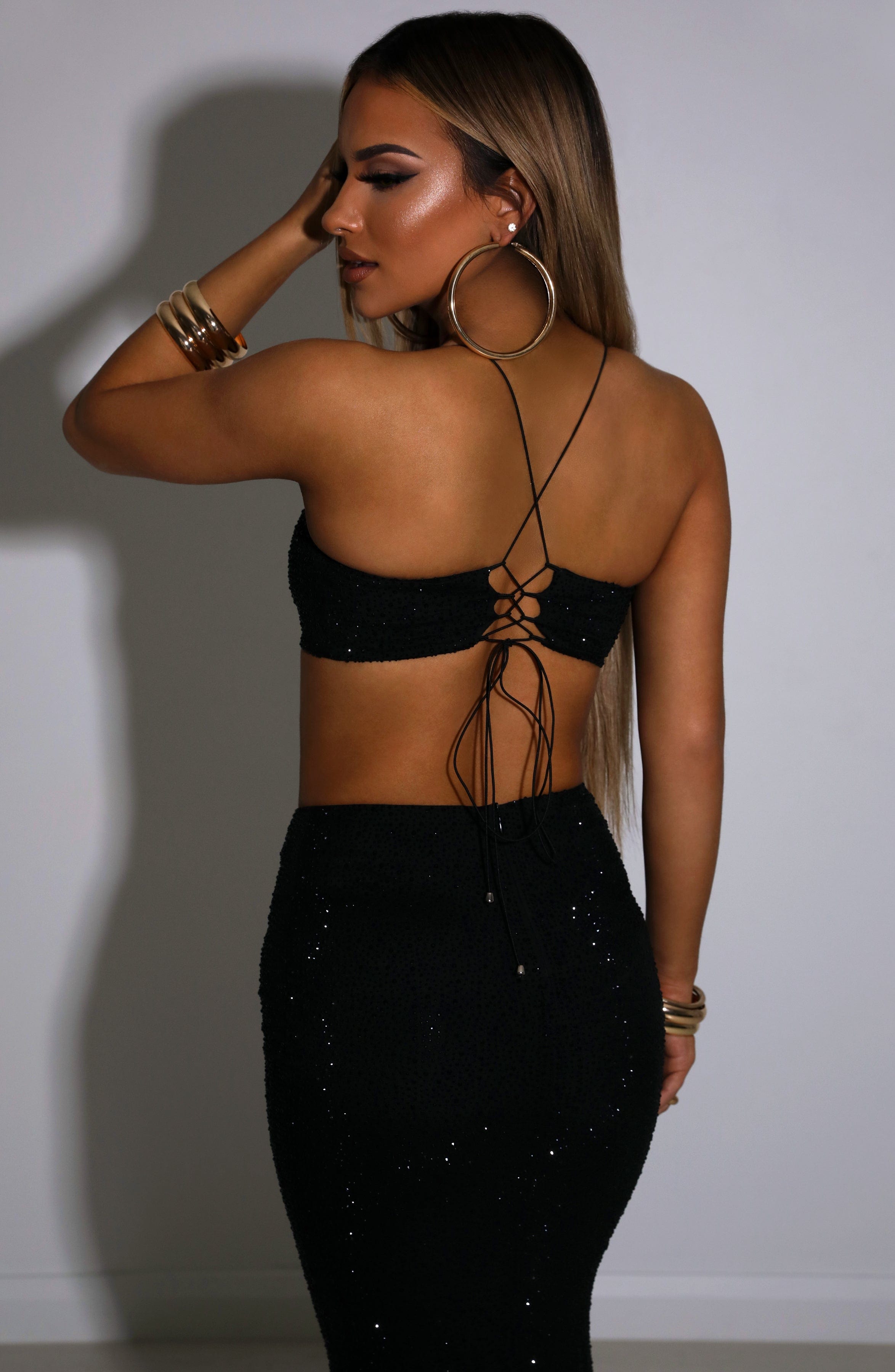 Black Embellished Mesh Bandeau Crop Top - Eloise