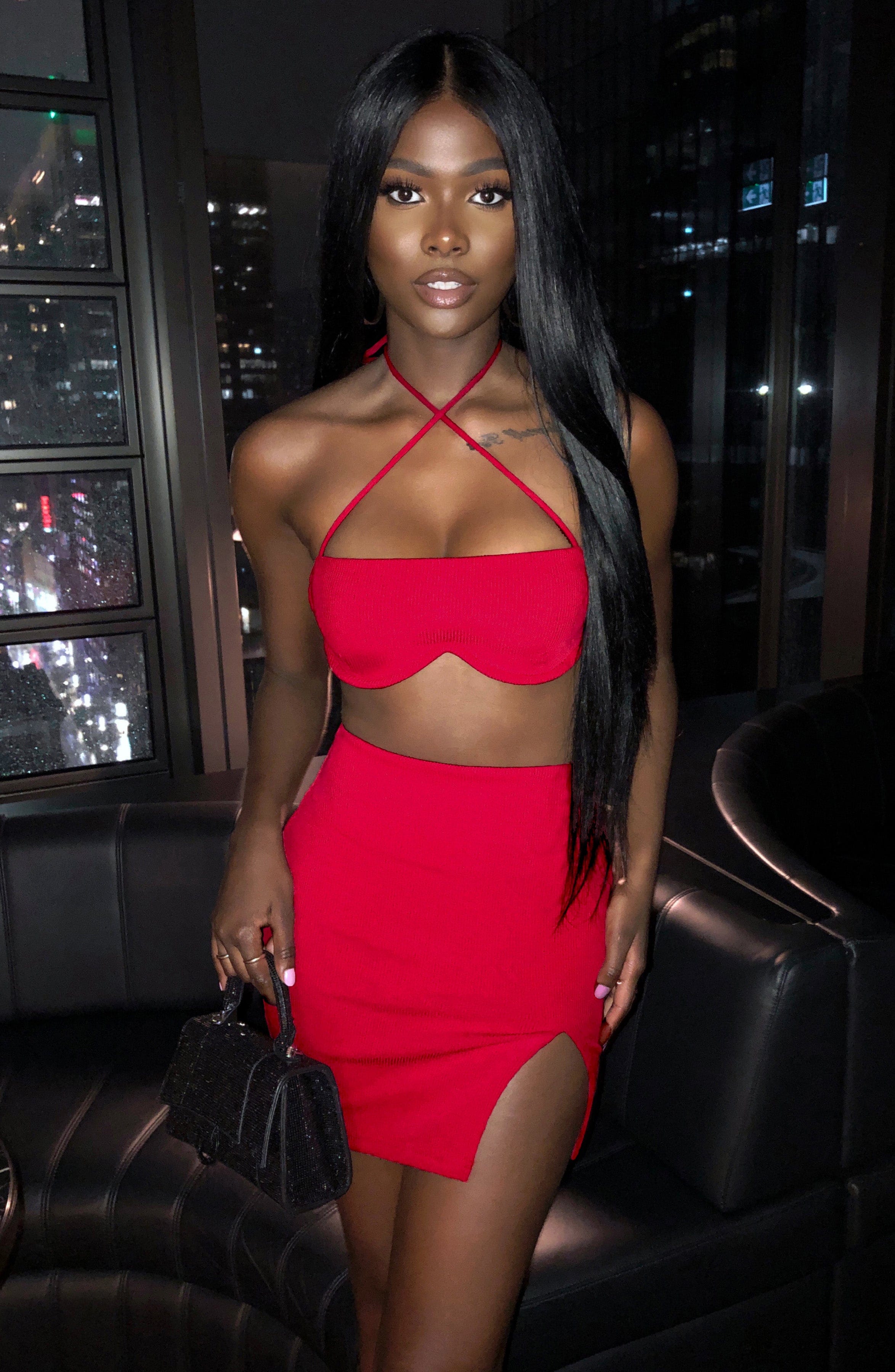 Red Ribbed Mini Skirt - Double Layered Bodycon Style