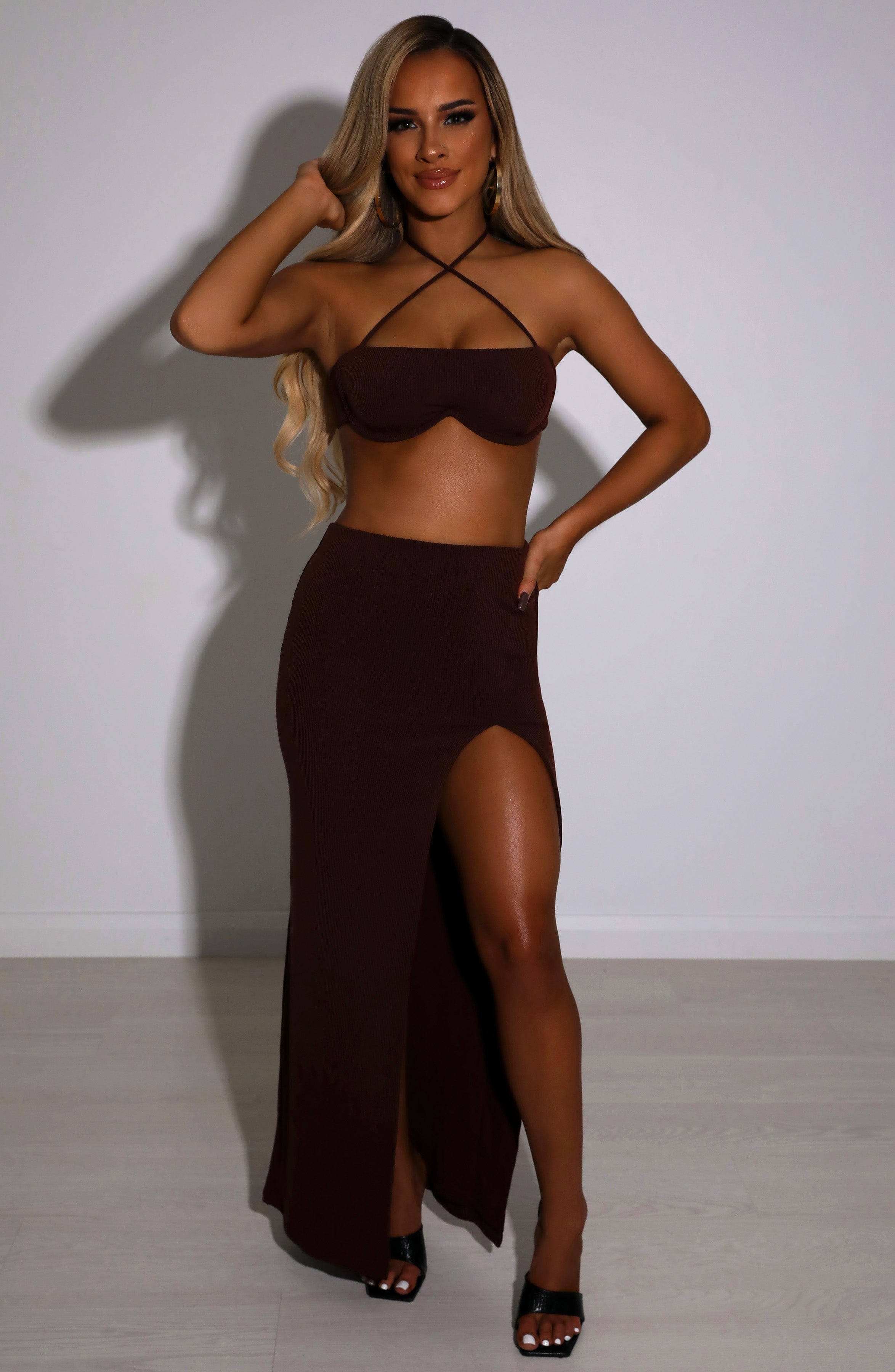 Mariana Ribbed Maxi Skirt in Chocolate - Double Layered