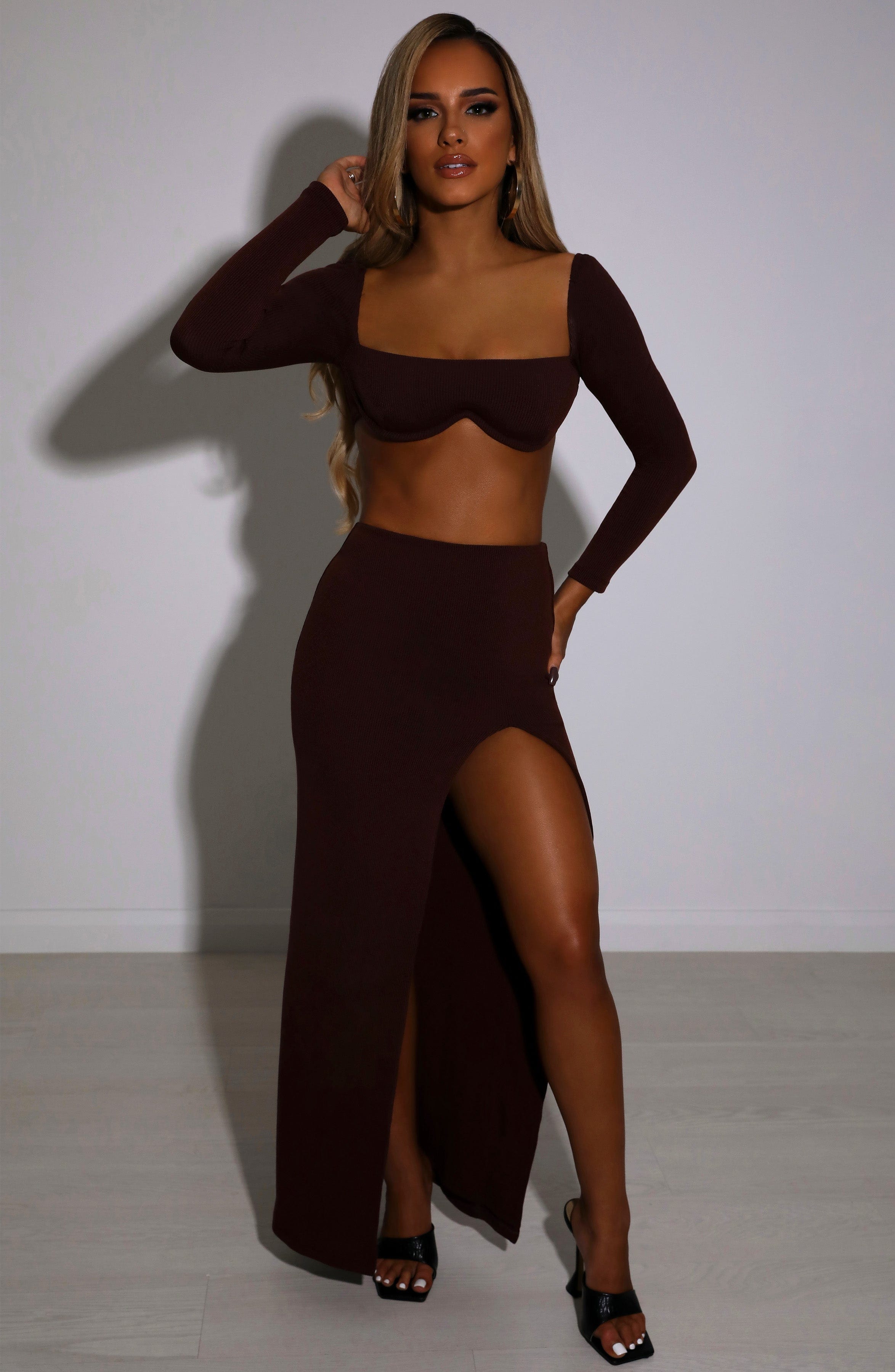 Mariana Ribbed Maxi Skirt in Chocolate - Double Layered