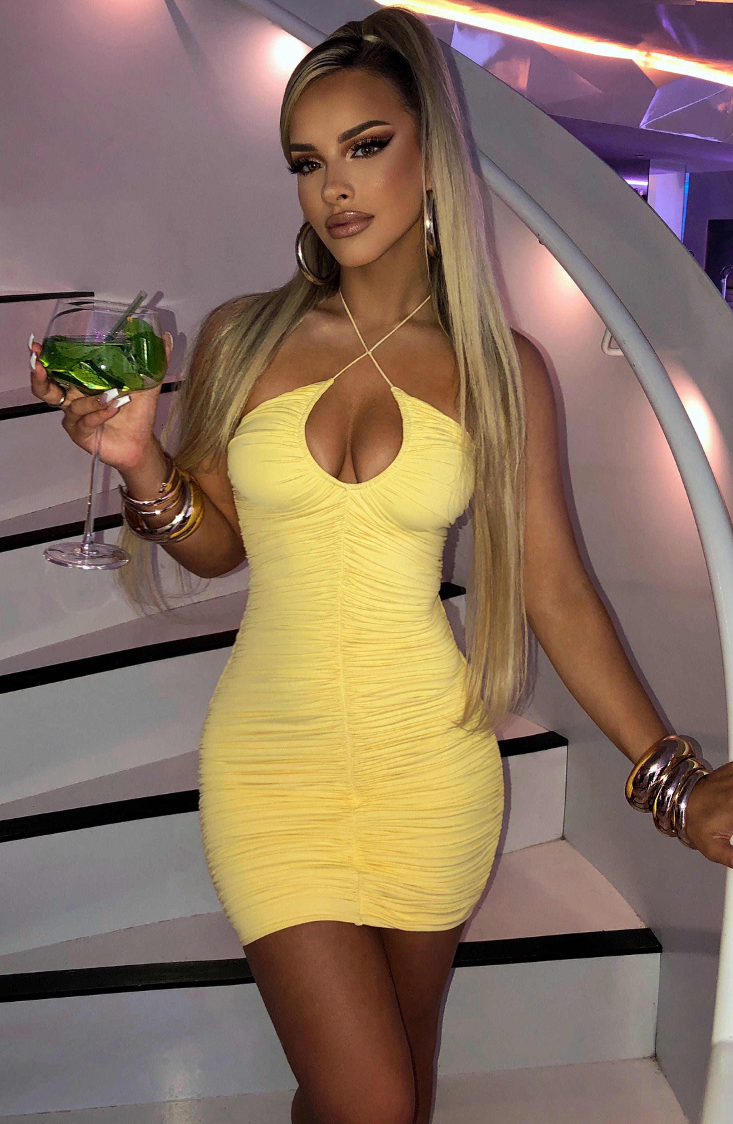 Luci Ruched Mini Dress with Keyhole & Adjustable Straps - Lemon