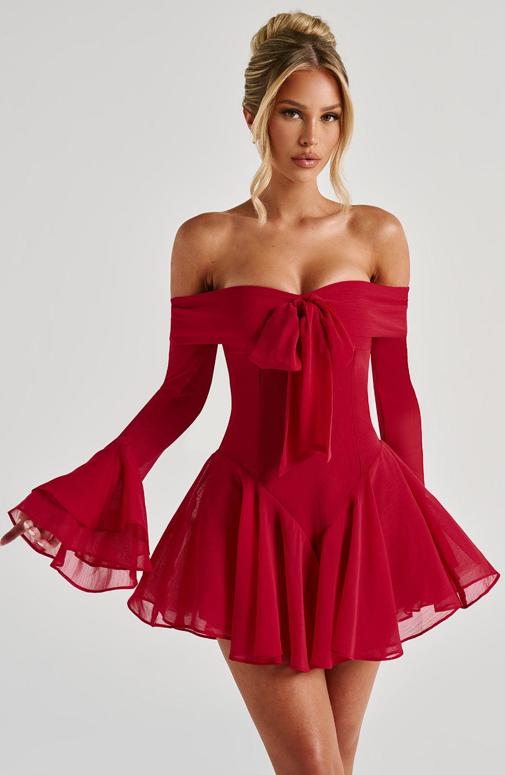 Nerissa Red Bardot Neckline Playsuit with Tiered Cuffs