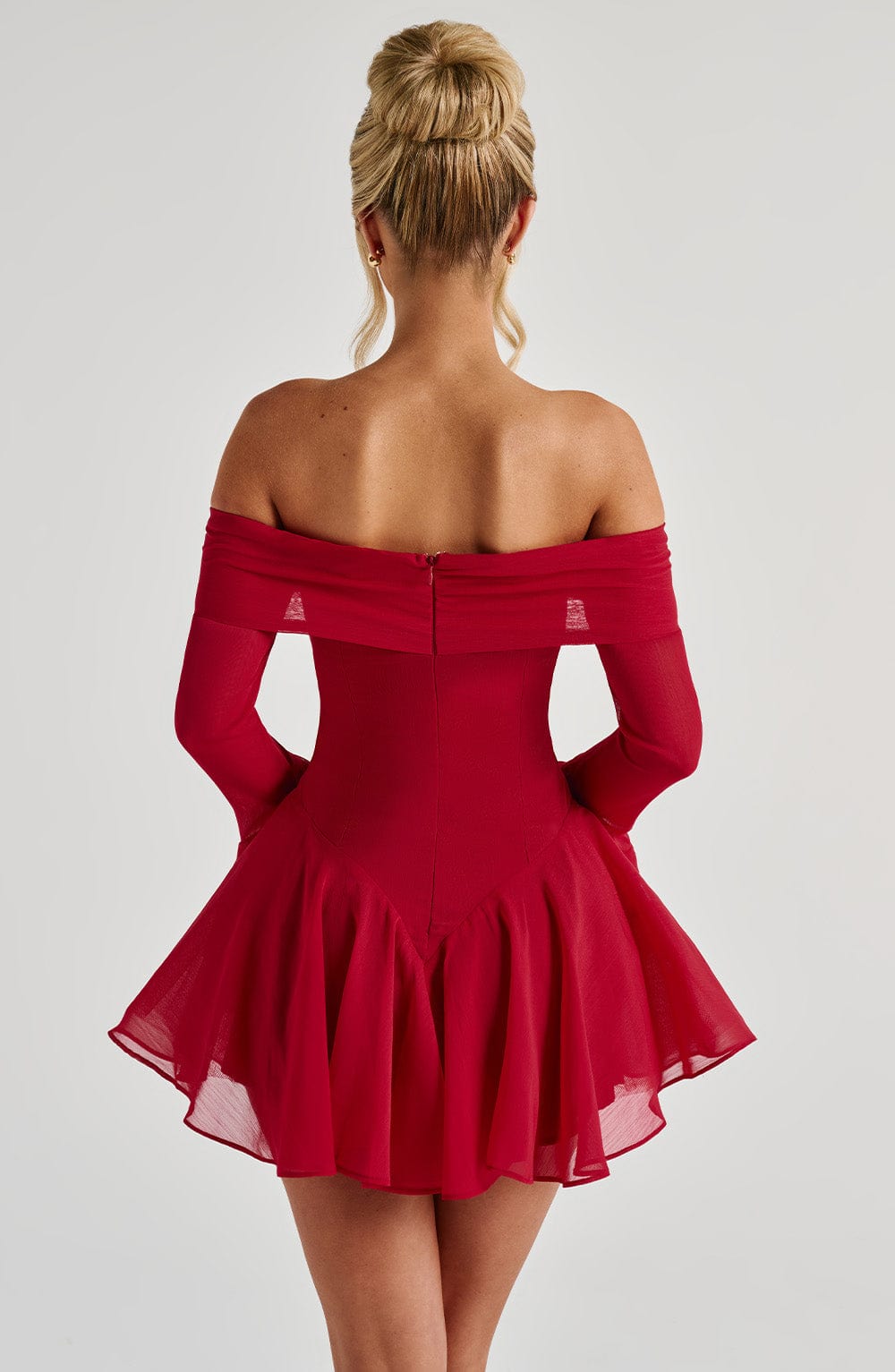 Nerissa Red Bardot Neckline Playsuit with Tiered Cuffs