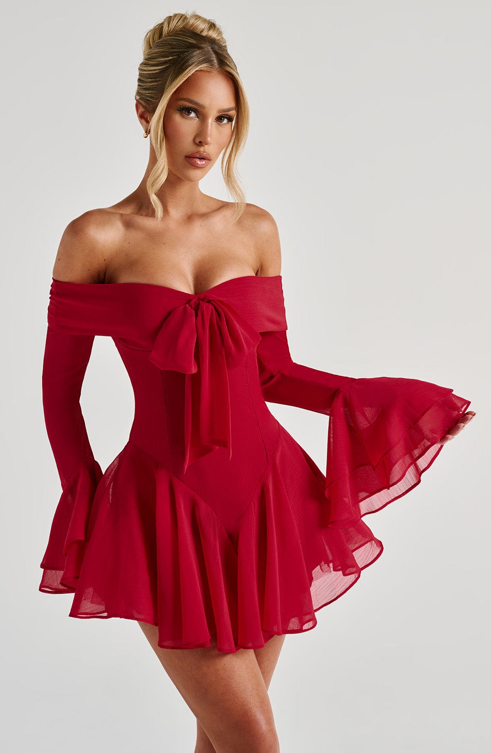 Nerissa Red Bardot Neckline Playsuit with Tiered Cuffs