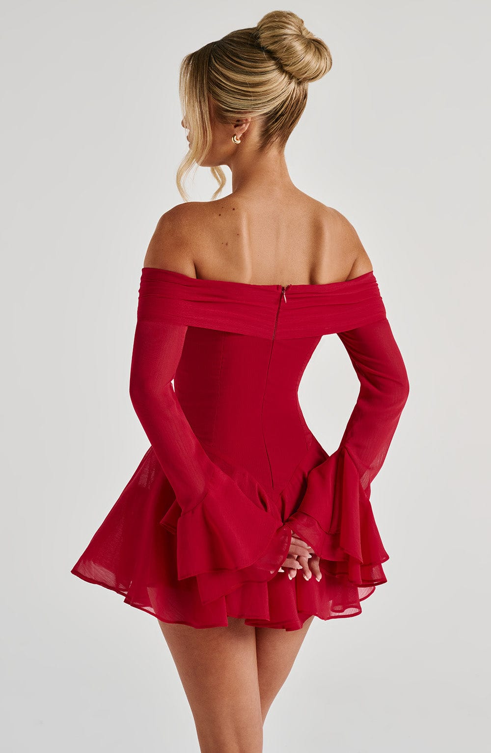 Nerissa Red Bardot Neckline Playsuit with Tiered Cuffs