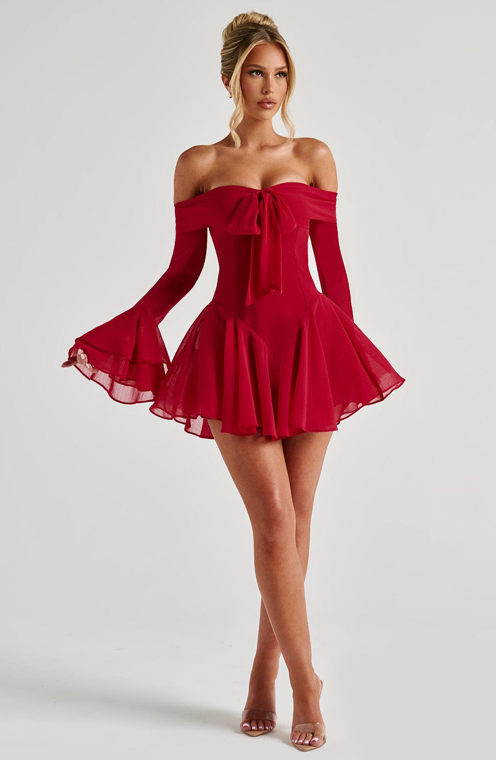 Nerissa Red Bardot Neckline Playsuit with Tiered Cuffs