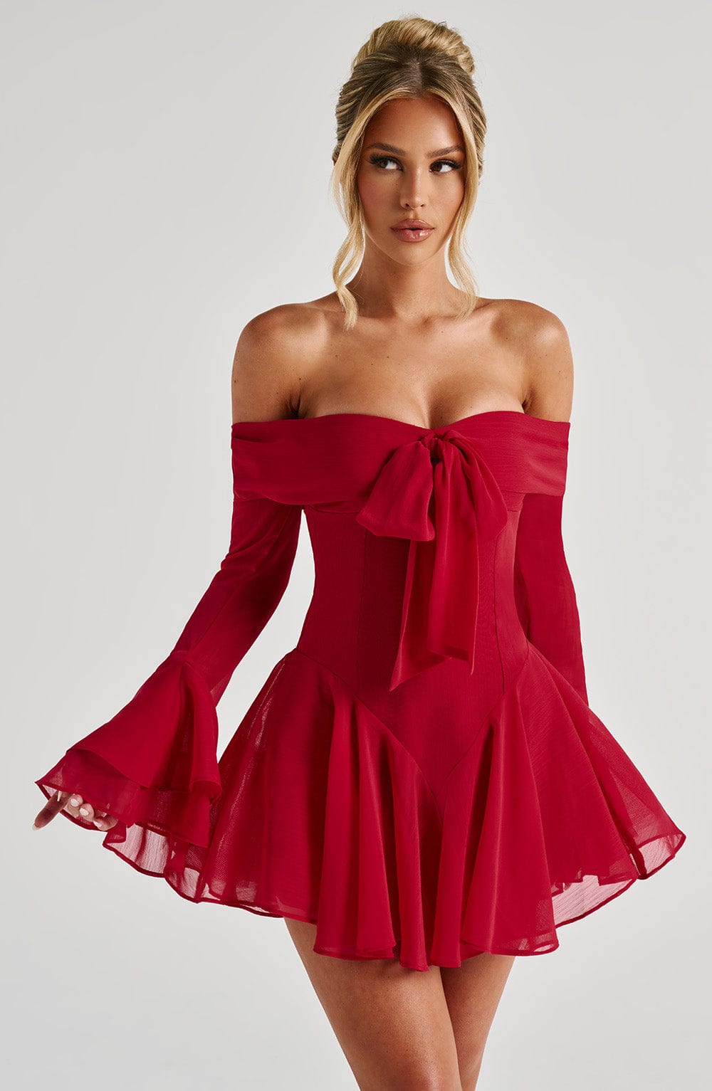 Nerissa Red Bardot Neckline Playsuit with Tiered Cuffs