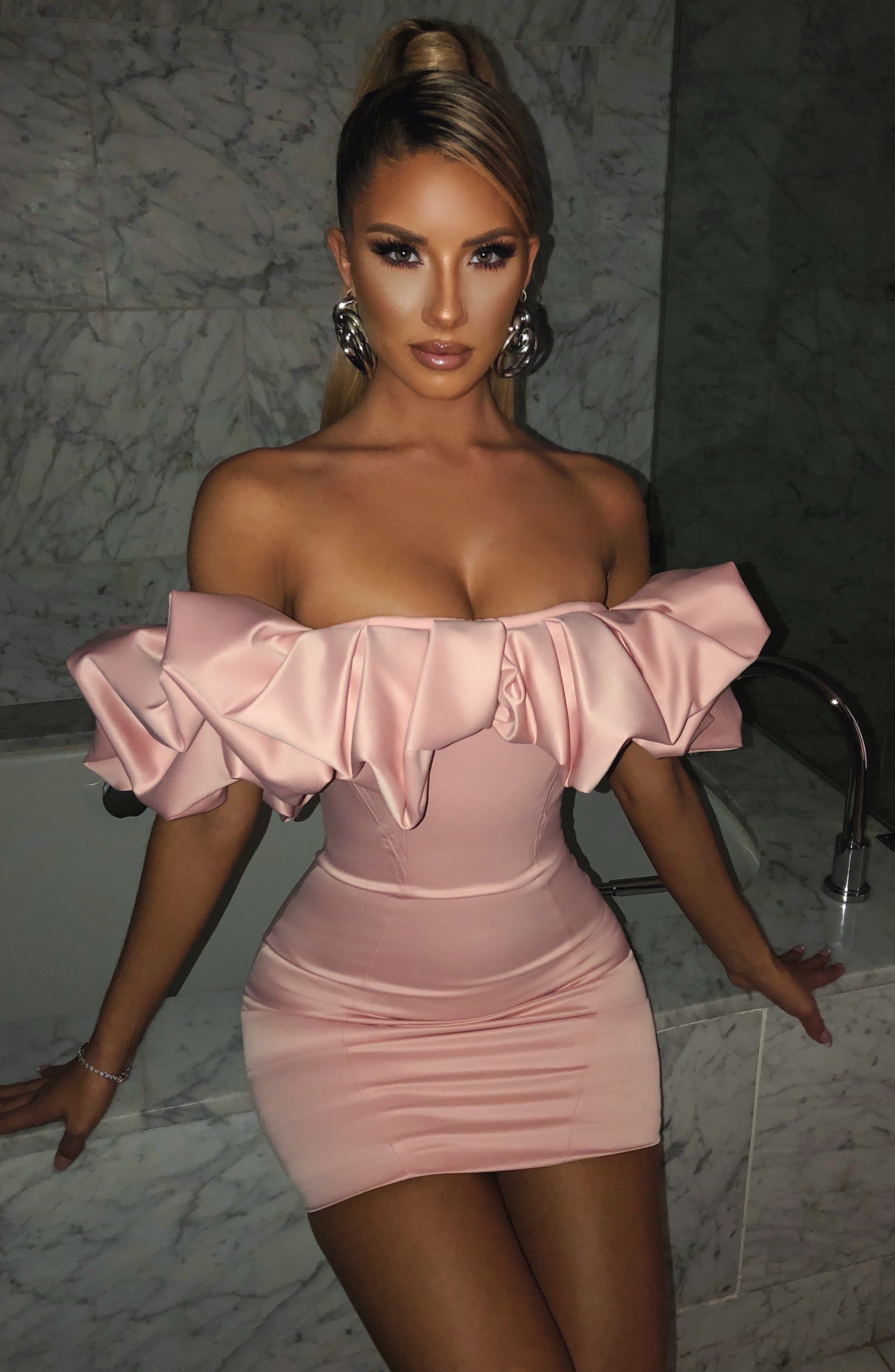 Allie Off-Shoulder Mini Dress with Ruffle Detail in Baby Pink