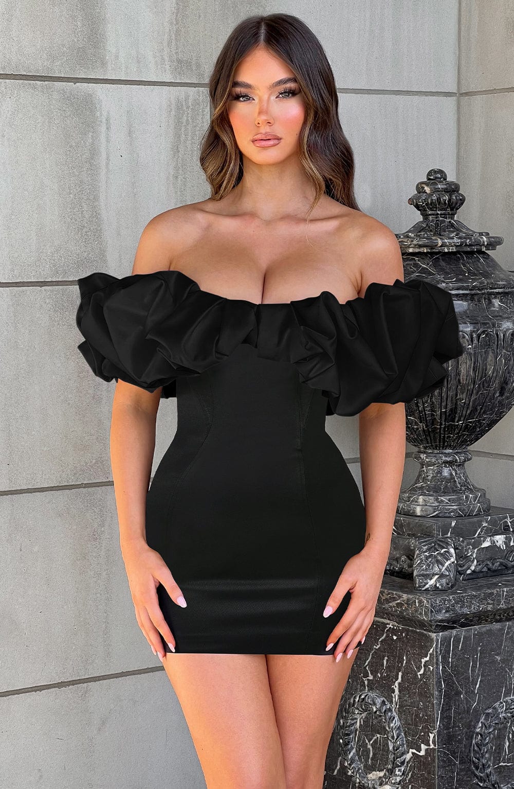 Allie Off-Shoulder Mini Dress with Ruffle Detail - Black Satin