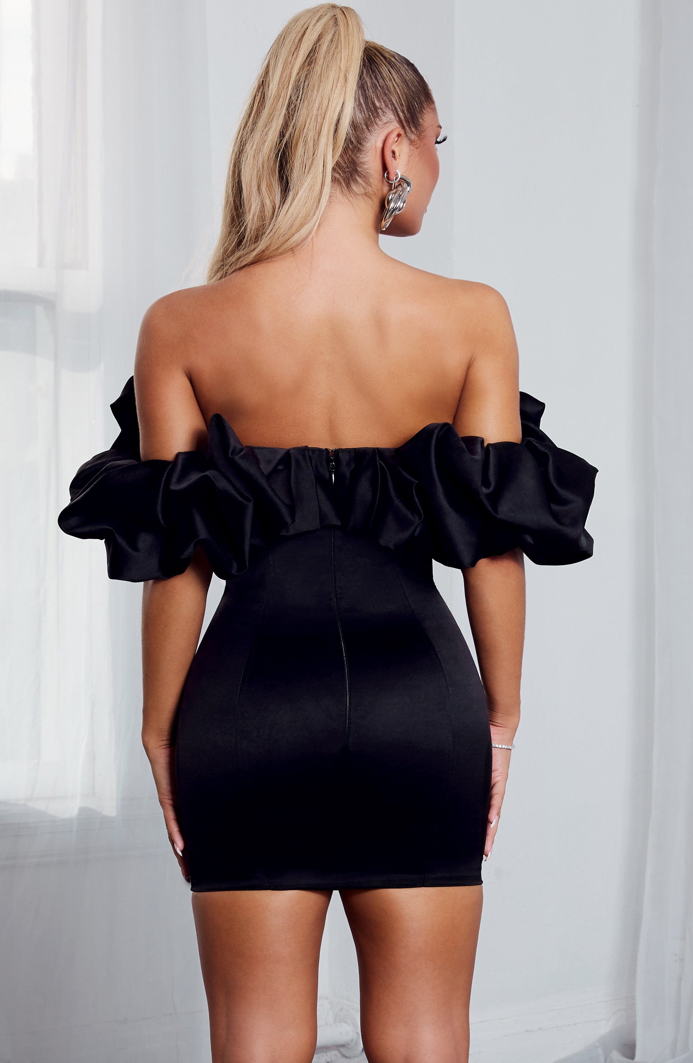 Allie Off-Shoulder Mini Dress with Ruffle Detail - Black Satin
