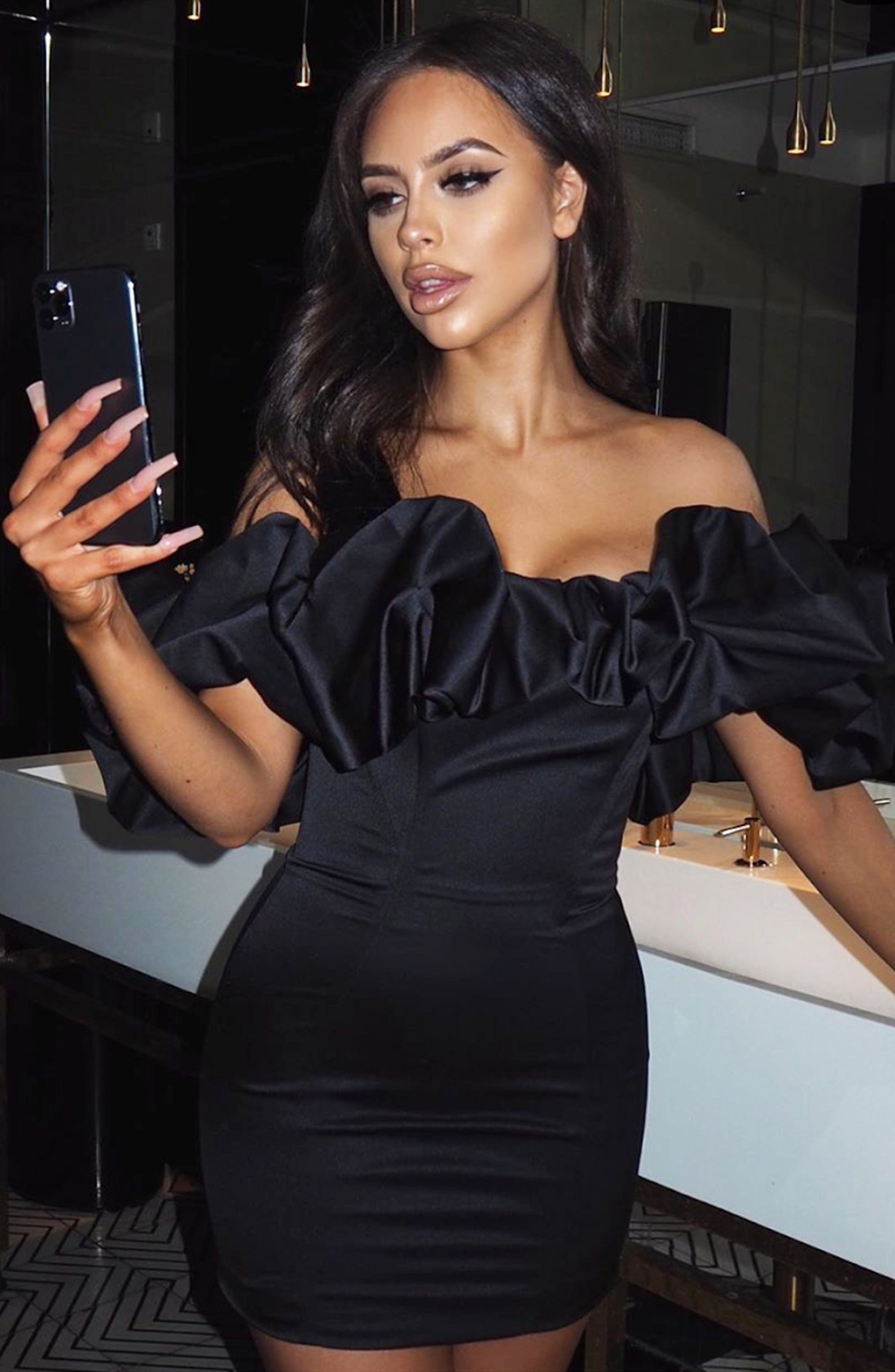 Allie Off-Shoulder Mini Dress with Ruffle Detail - Black Satin
