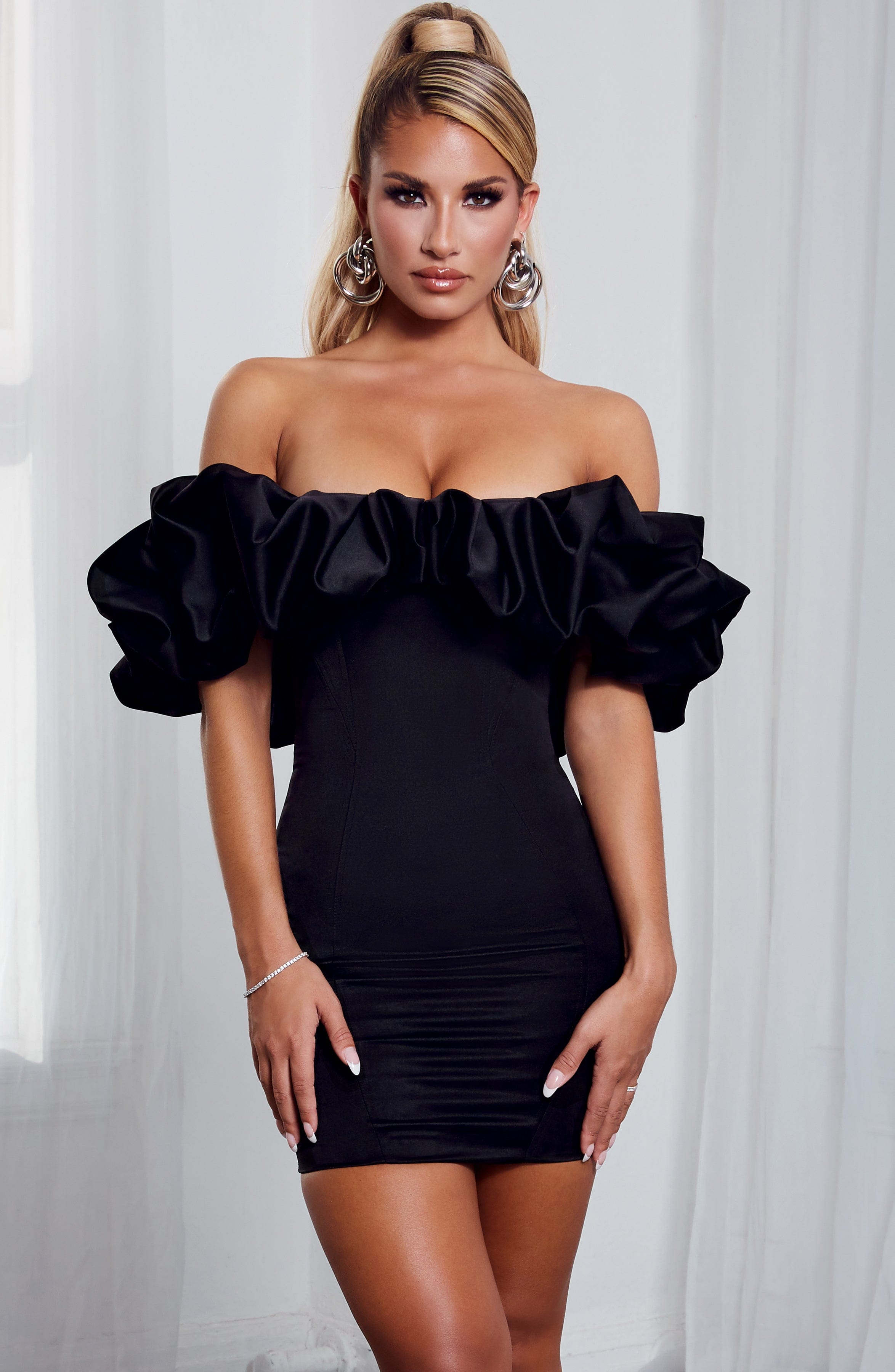 Allie Off-Shoulder Mini Dress with Ruffle Detail - Black Satin