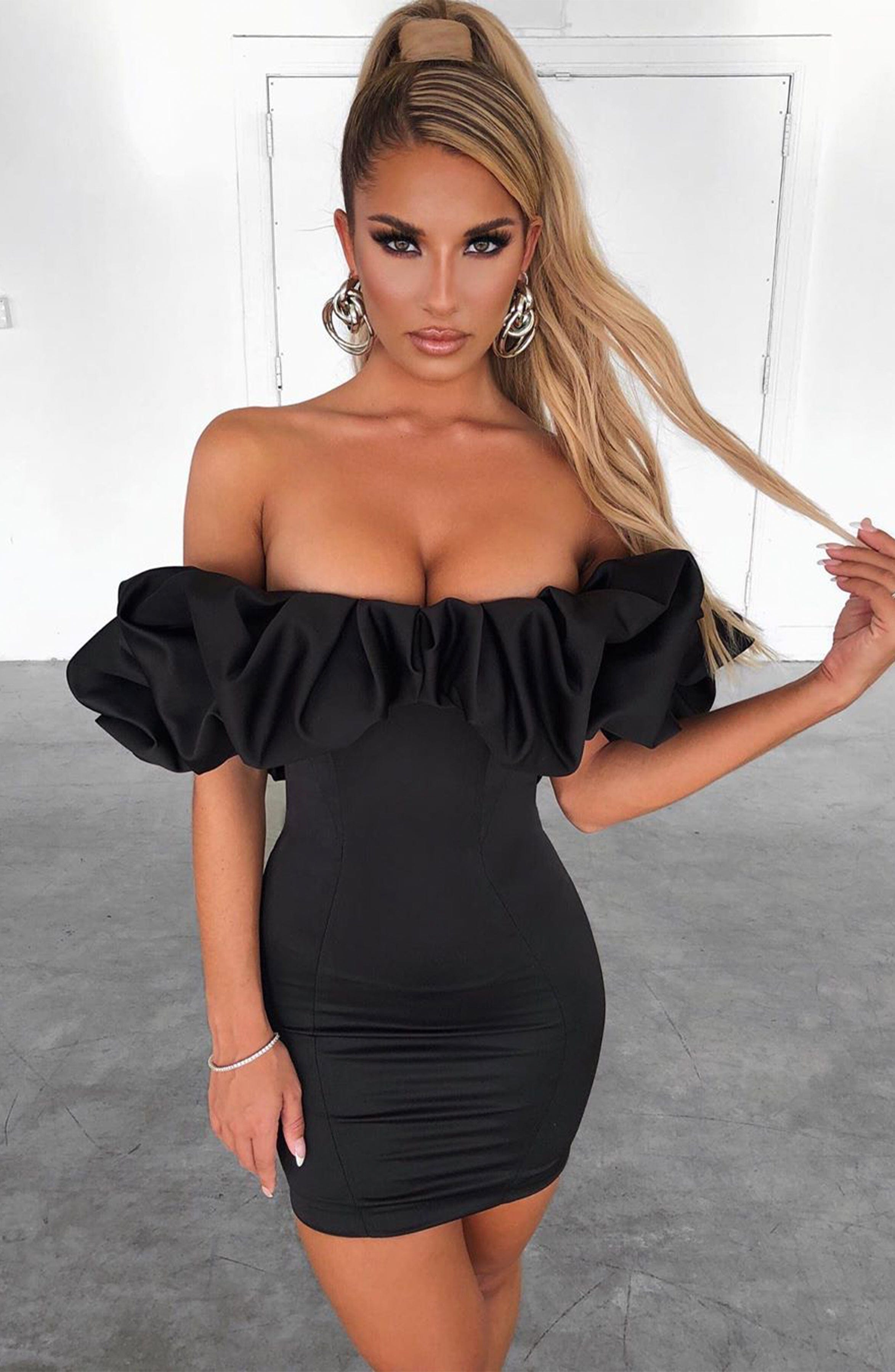 Allie Off-Shoulder Mini Dress with Ruffle Detail - Black Satin