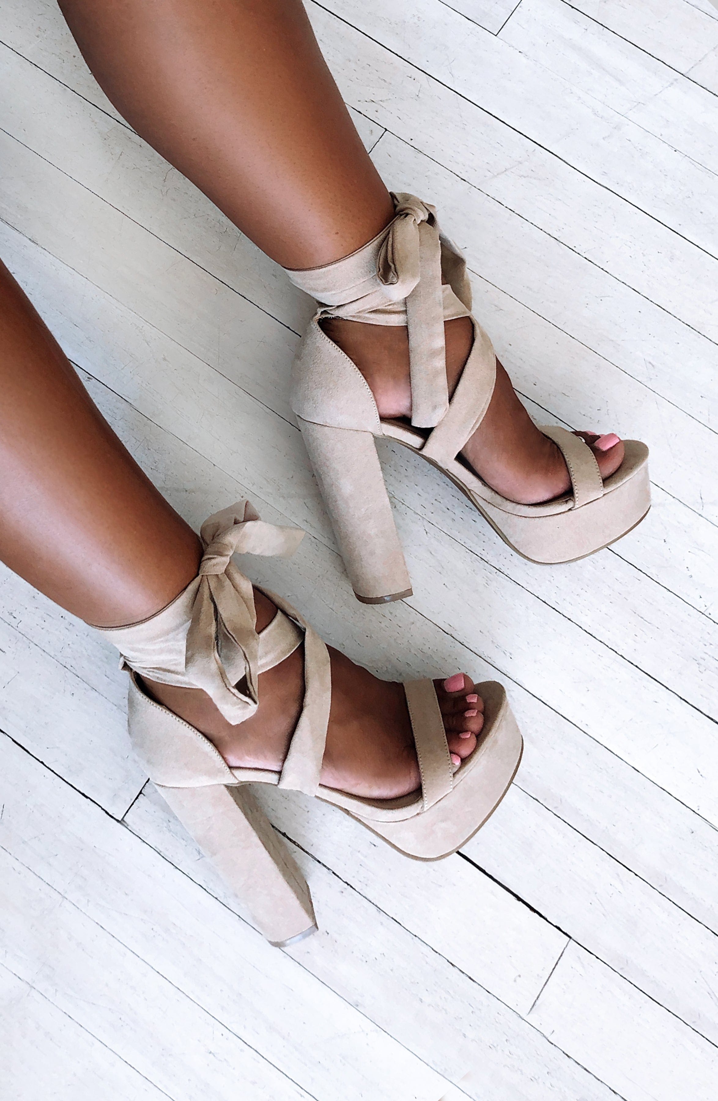 Danica Nude Suede Block Heel Sandals with Ankle Straps